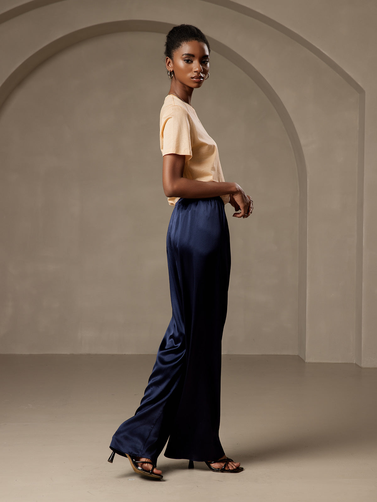 Pure Silk Wide Leg Women's Pants with Elastic Waist Design