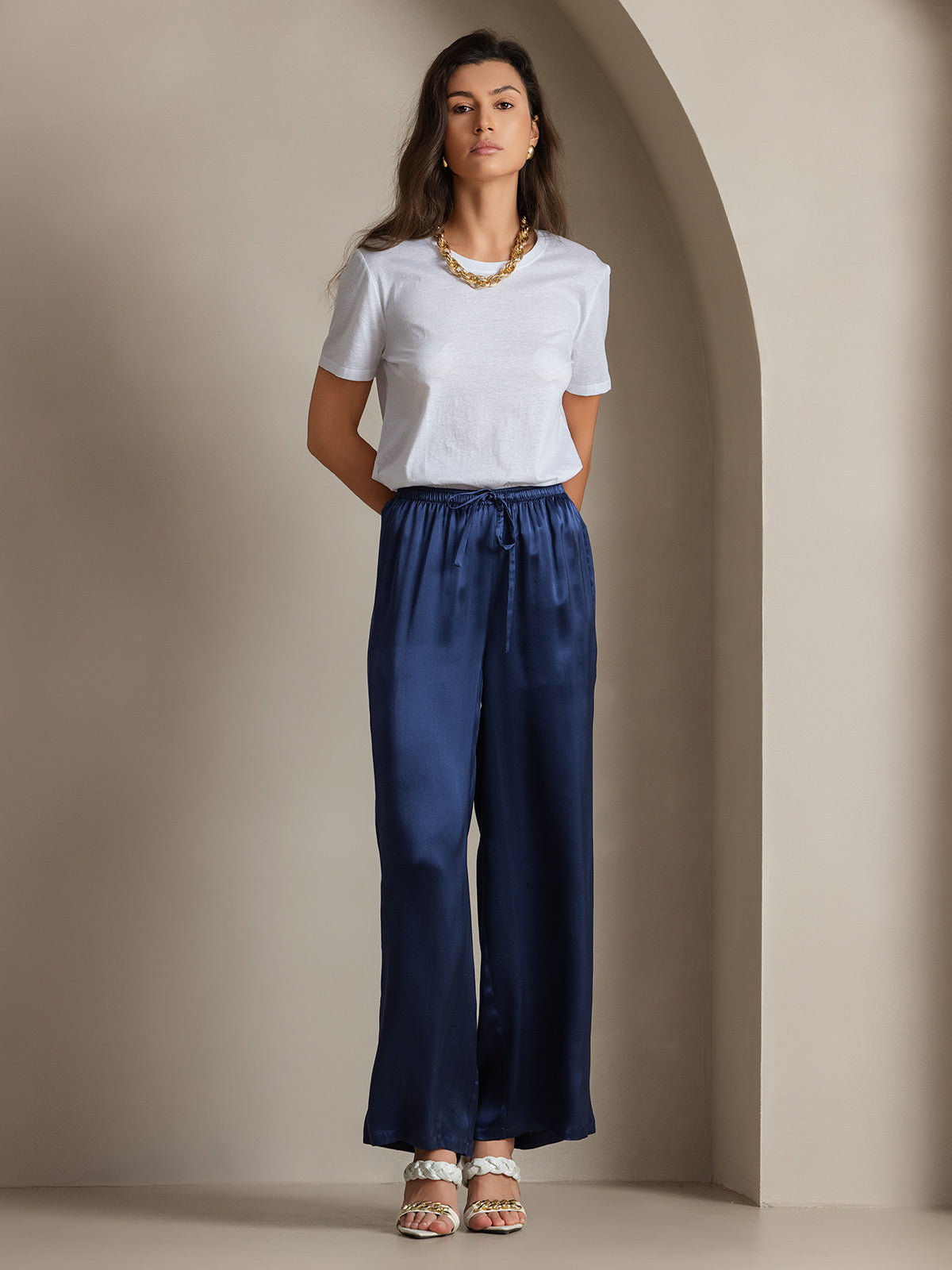 Pure Silk Wide Leg Women's Pants with Elastic Waist Design