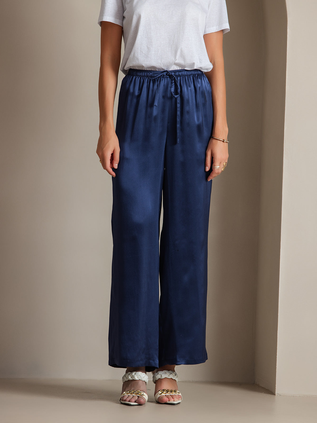 Pure Silk Wide Leg Women's Pants with Elastic Waist Design