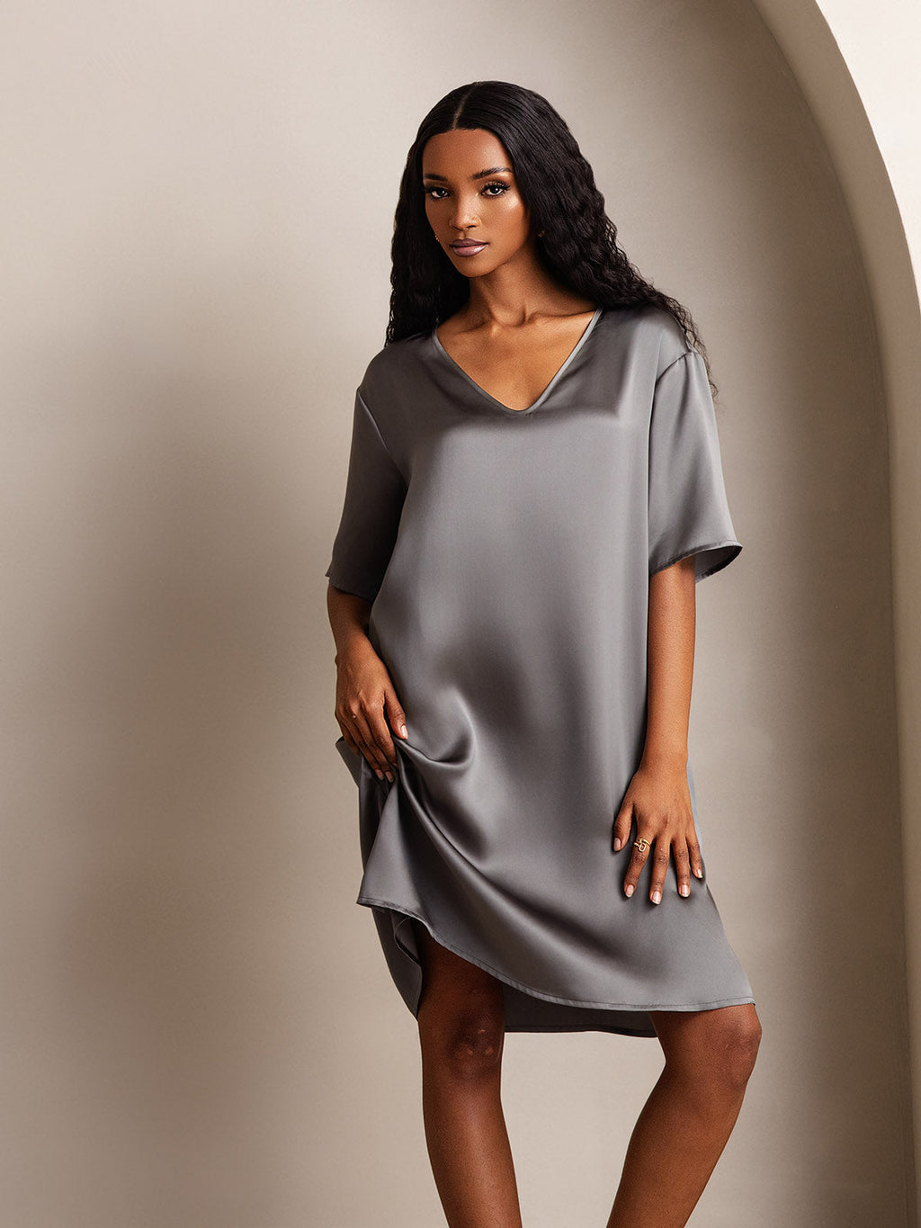 Pure Silk Half Sleeve V-neck Short Nightgown with Split Design