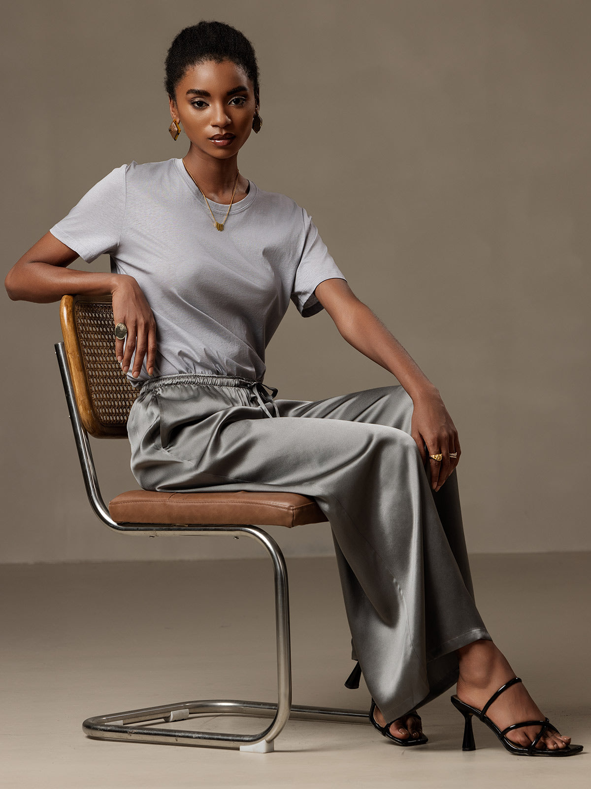 Pure Silk Wide Leg Women's Pants with Elastic Waist Design