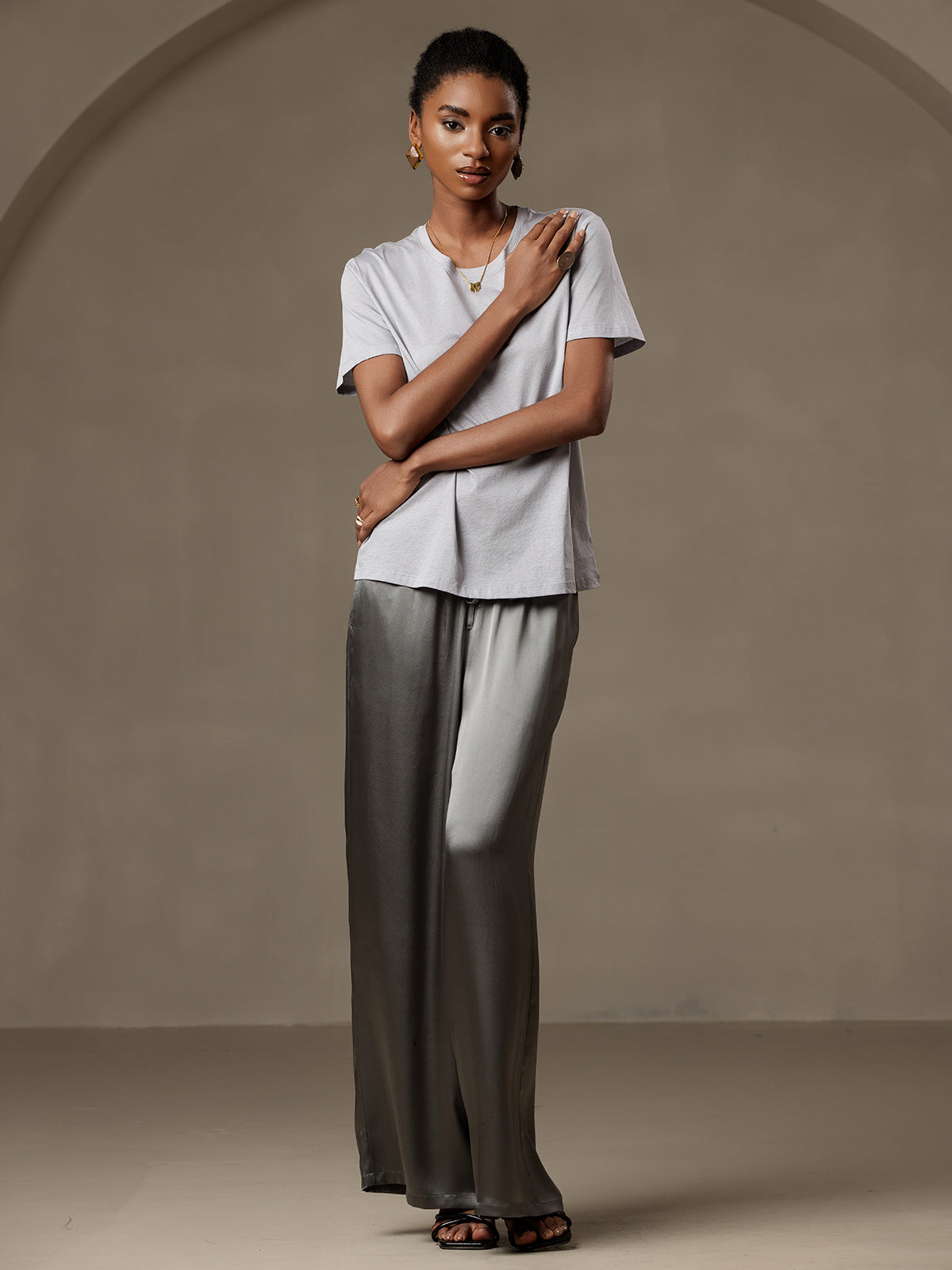 Pure Silk Wide Leg Women's Pants with Elastic Waist Design