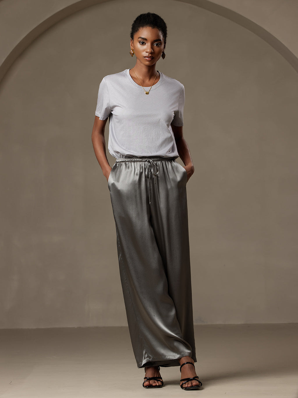 Pure Silk Wide Leg Women's Pants with Elastic Waist Design