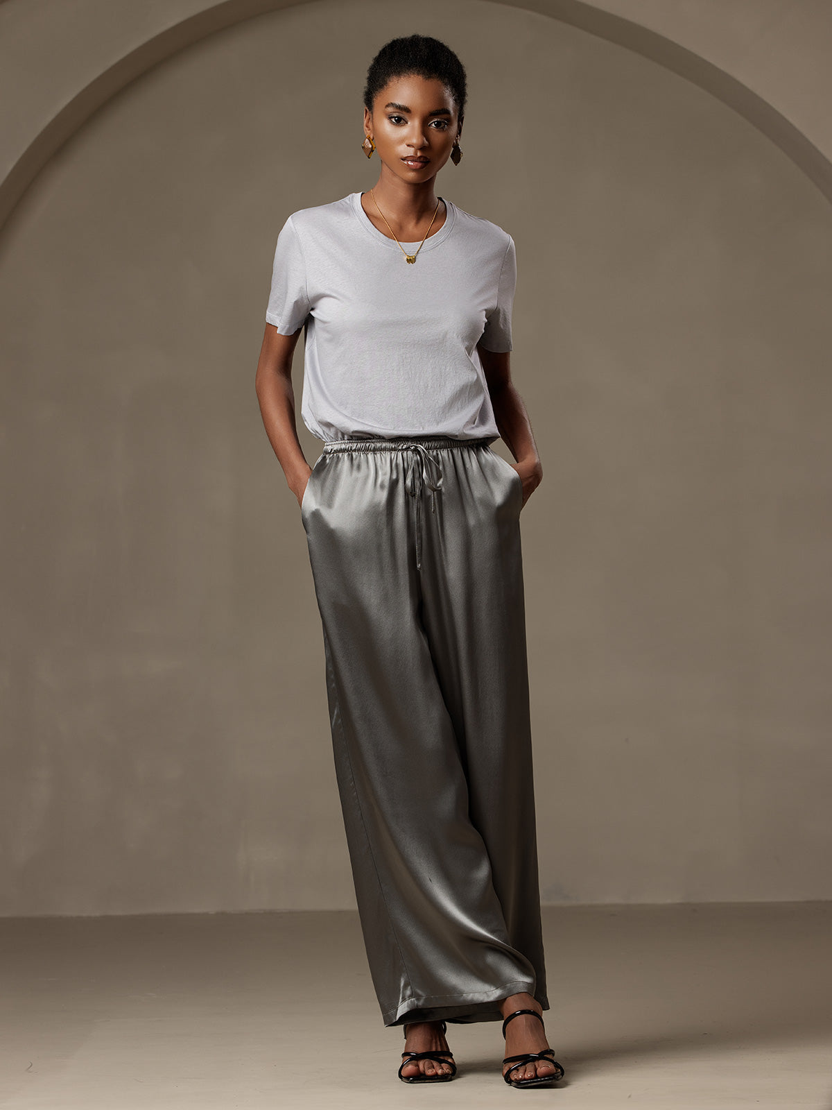 Pure Silk Wide Leg Women's Pants with Elastic Waist Design