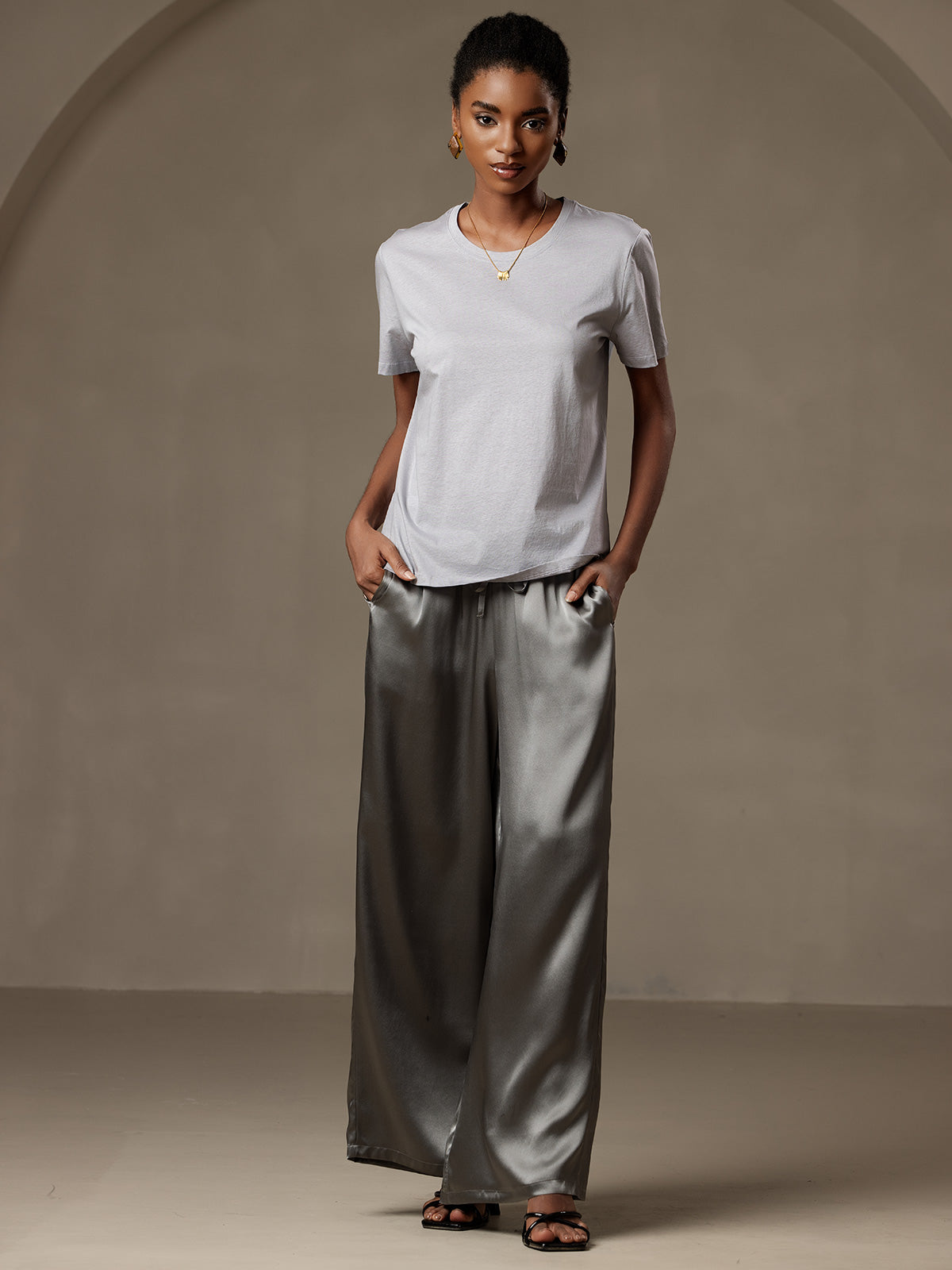 Pure Silk Wide Leg Women's Pants with Elastic Waist Design