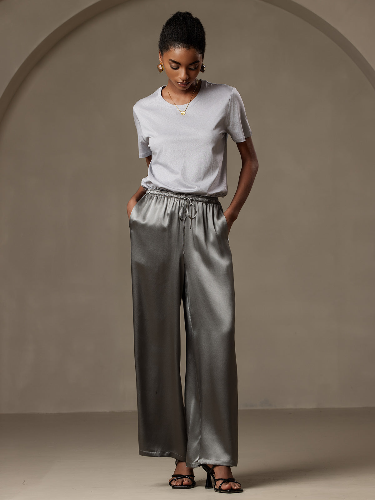 Pure Silk Wide Leg Women's Pants with Elastic Waist Design