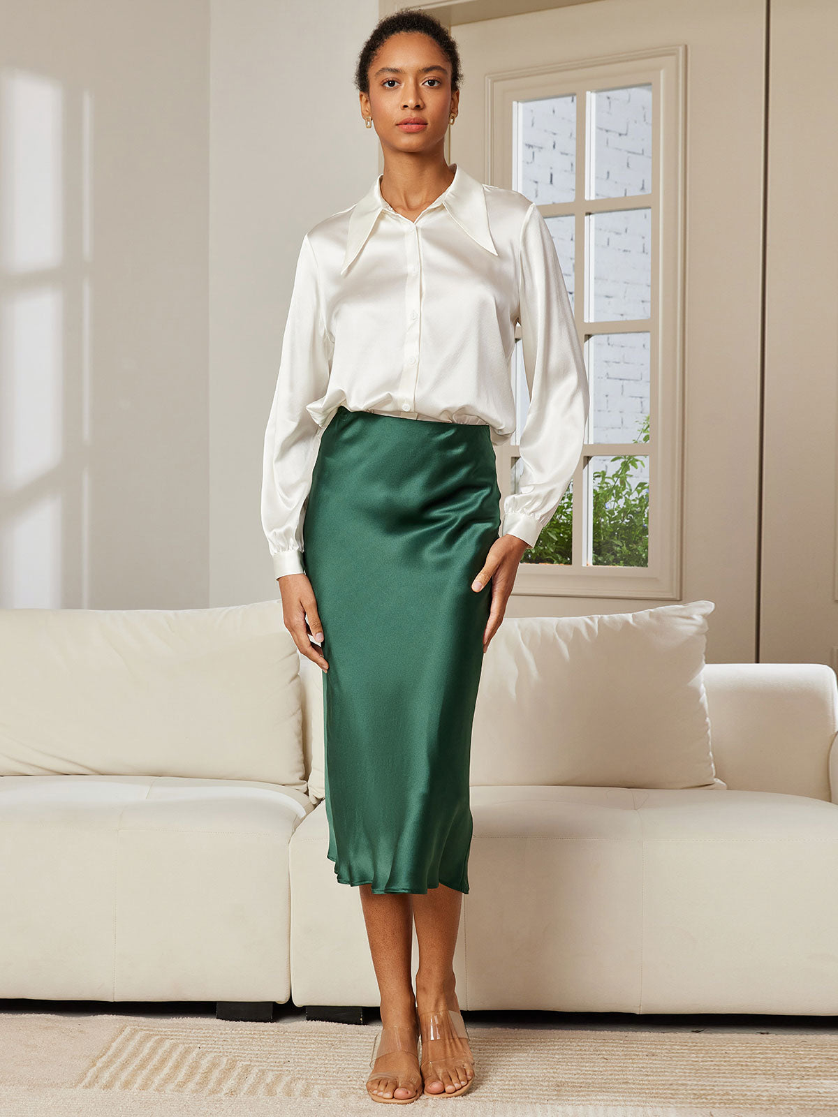 19Momme Pure Silk Stretch Long Straight Skirt