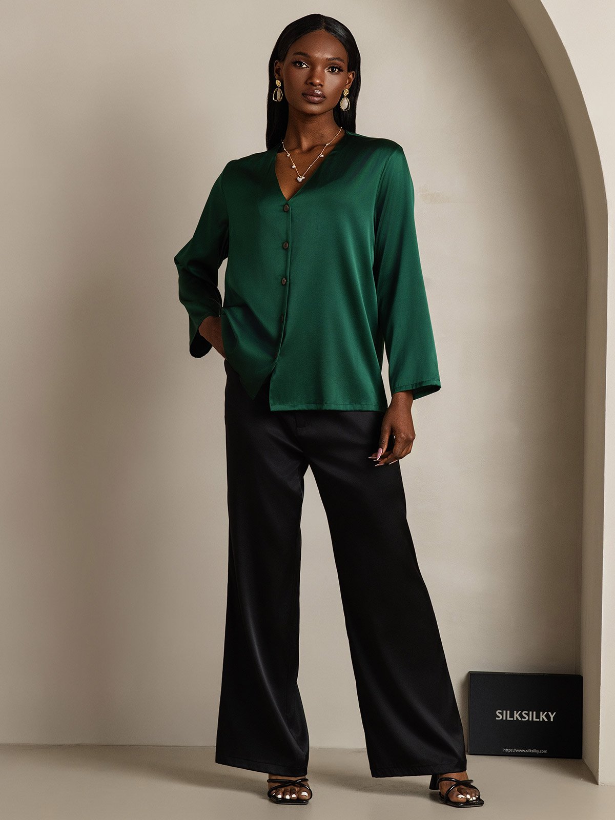 19Momme Silk Long Sleeve V-Neck Blouse