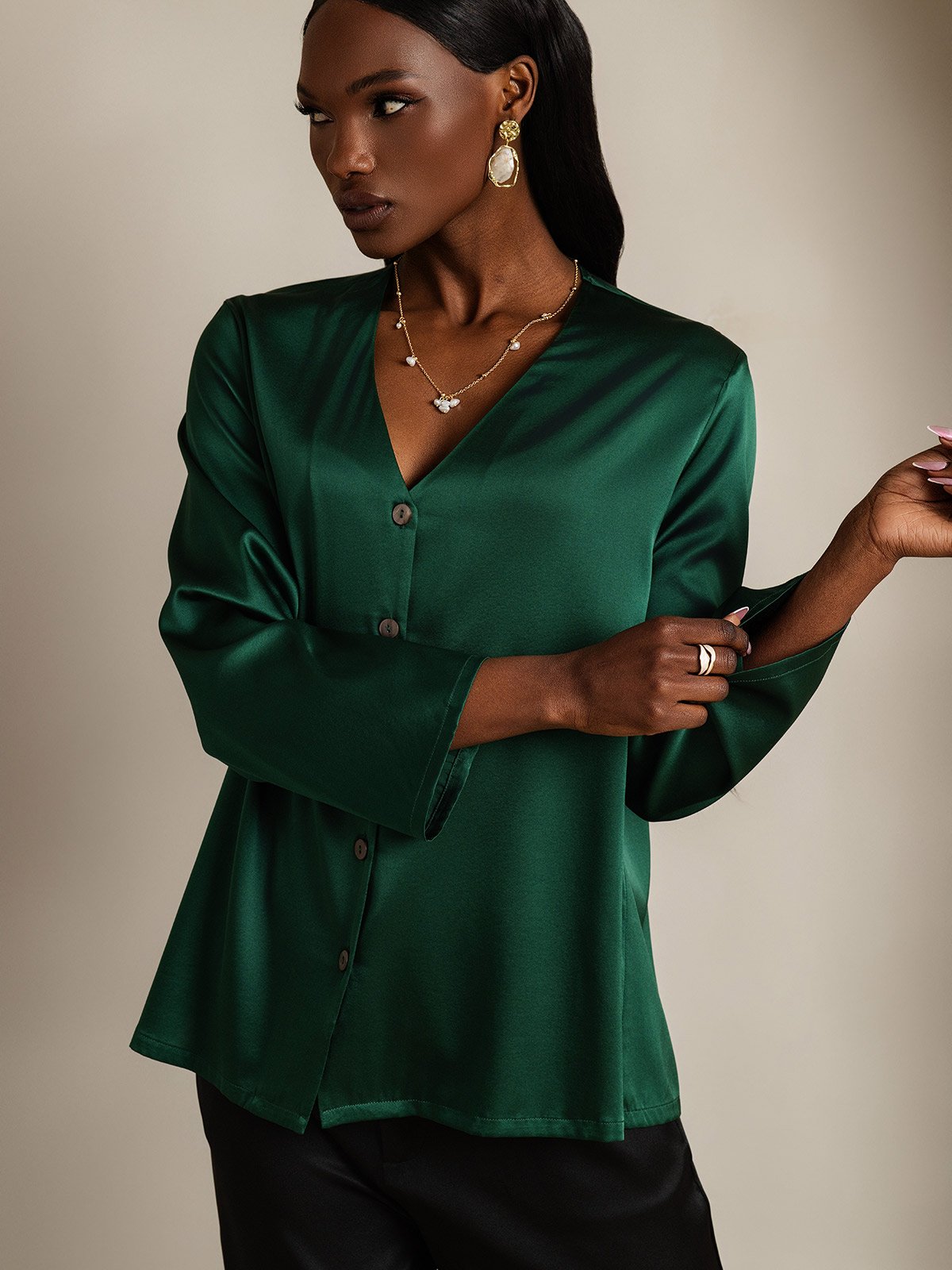 19Momme Silk Long Sleeve V-Neck Blouse