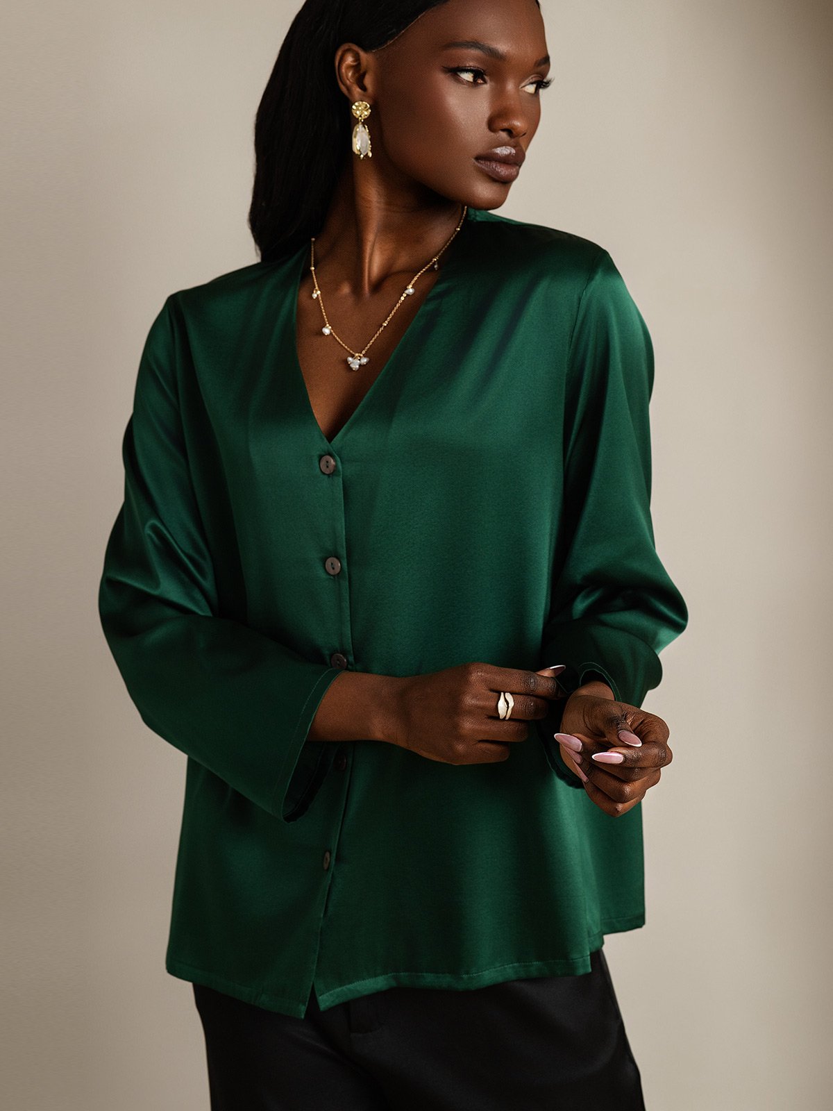 19Momme Silk Long Sleeve V-Neck Blouse