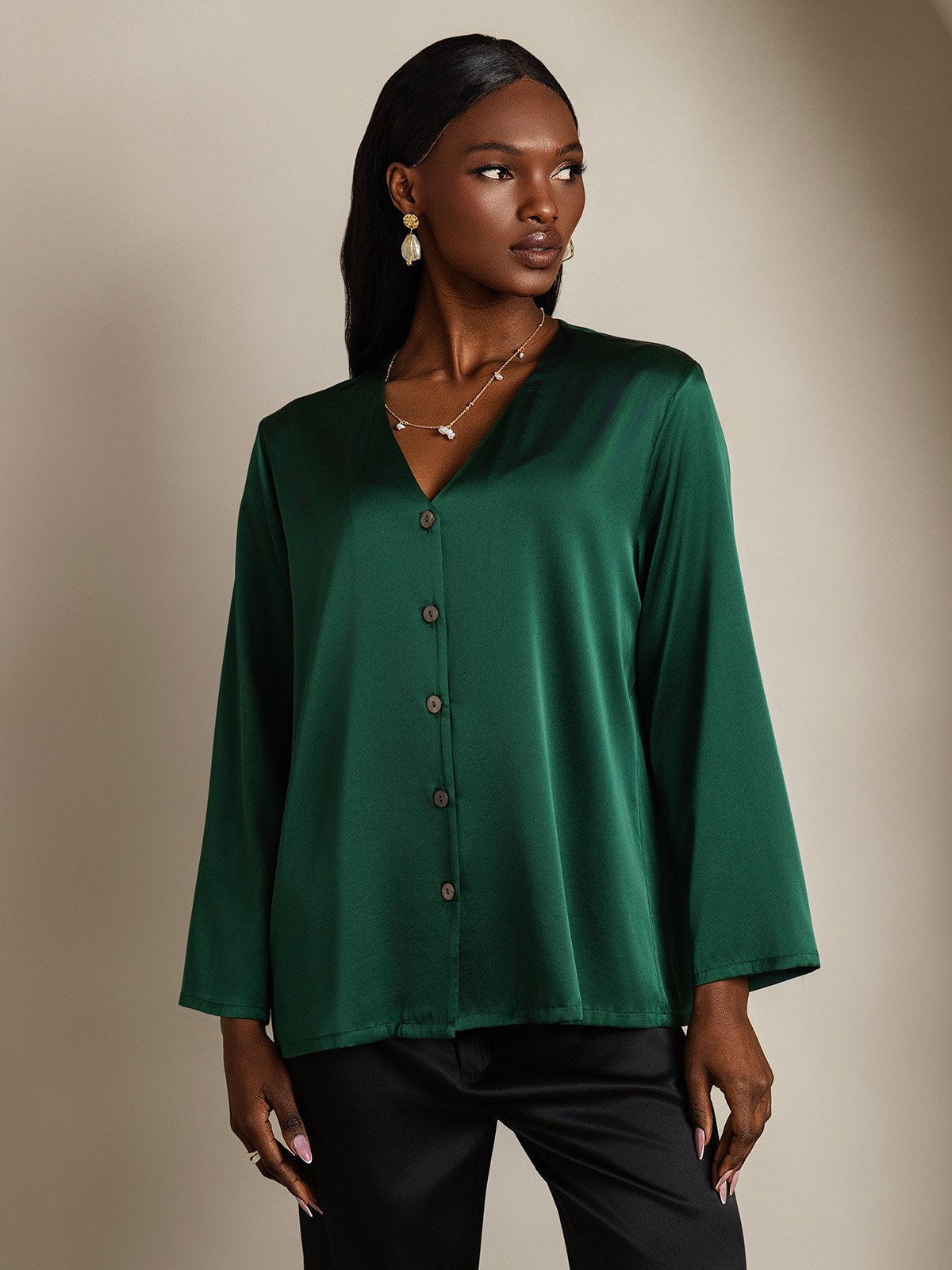 19Momme Silk Long Sleeve V-Neck Blouse