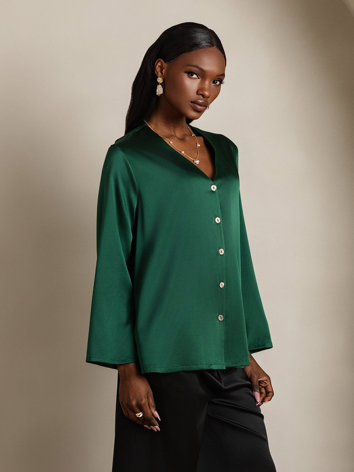 19Momme Silk Long Sleeve V-Neck Blouse