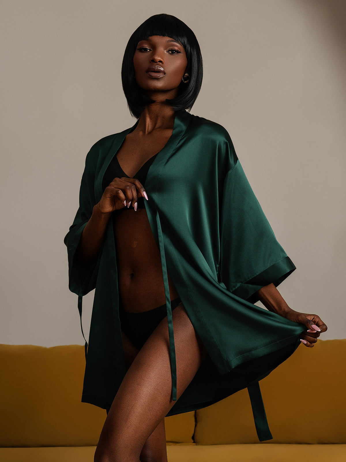 Glossy Pure Silk Short Kimono Robe For Women