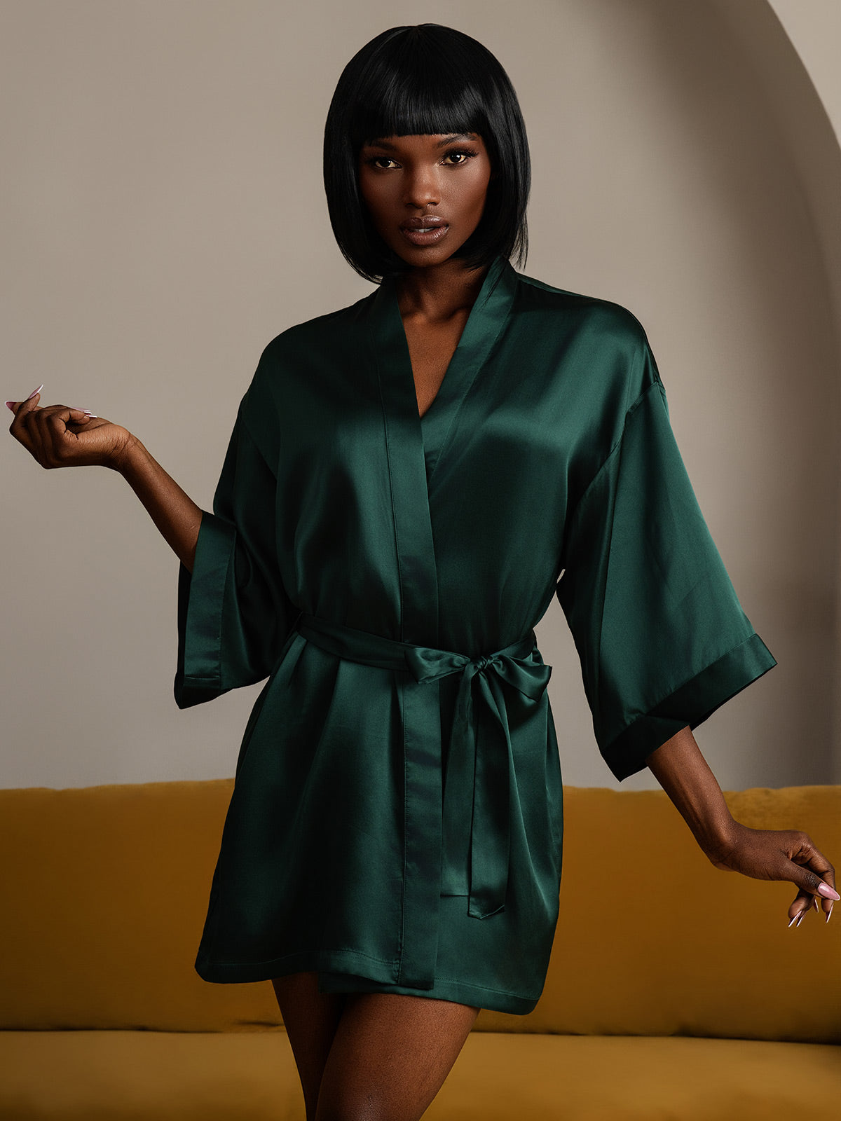 Glossy Pure Silk Short Kimono Robe For Women