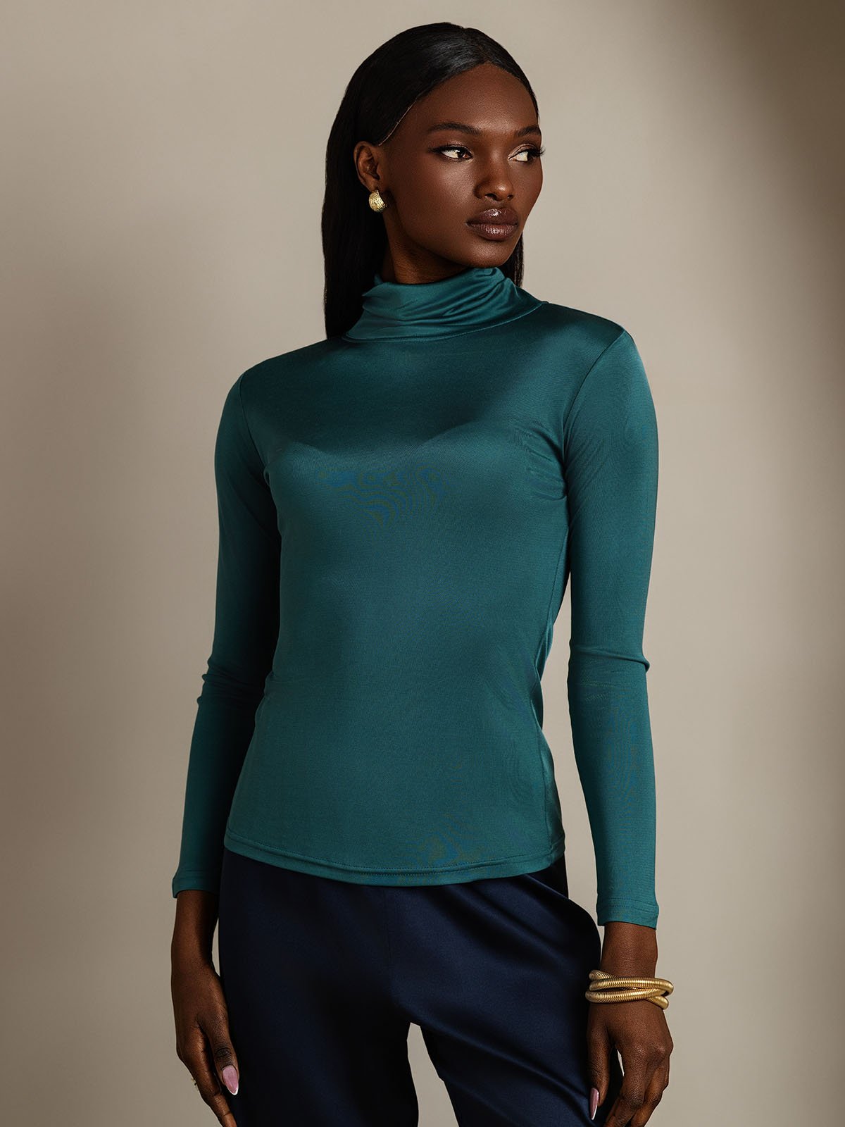 Silk Blend High Neck Long-Sleeved T-Shirt