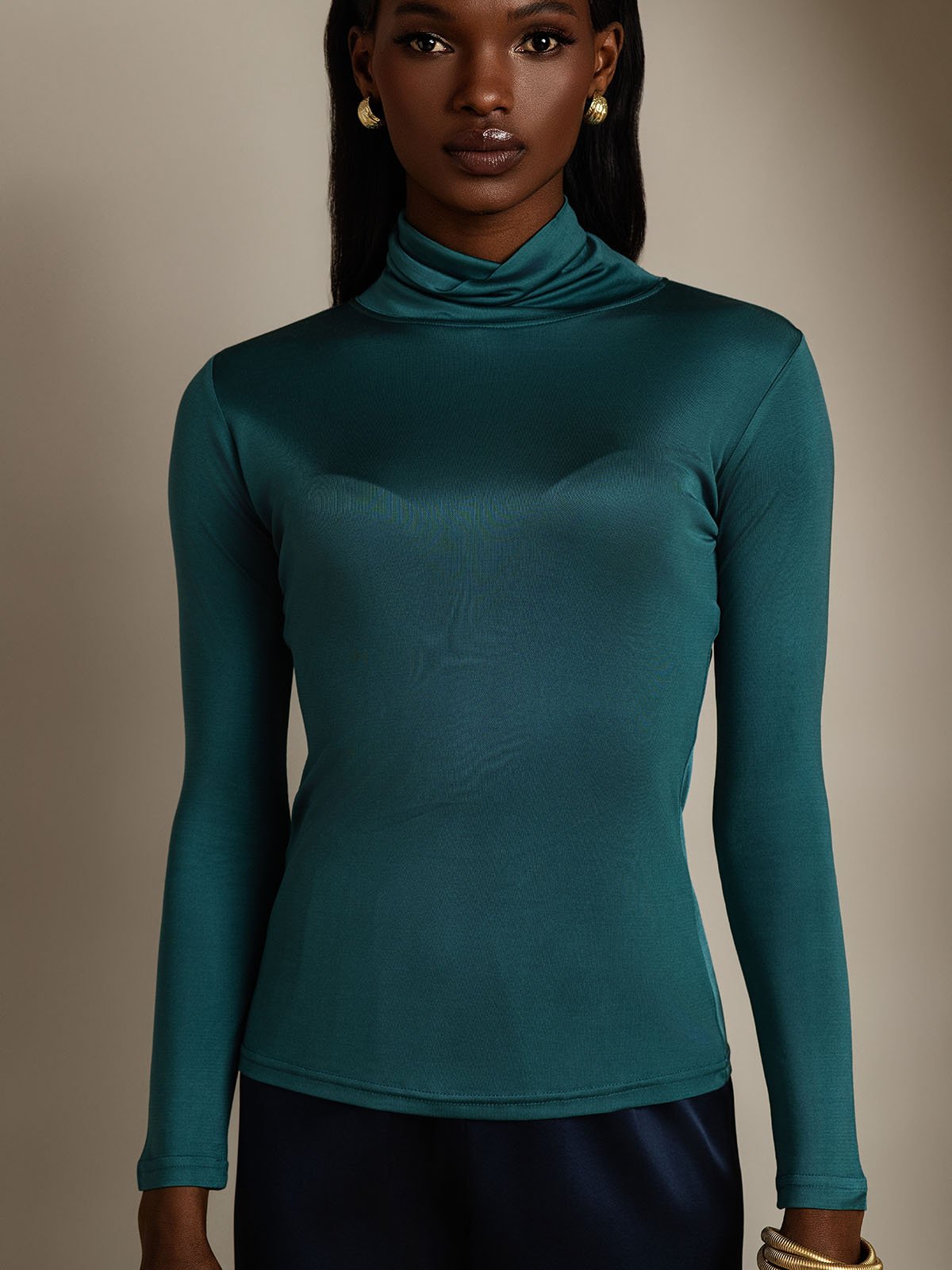 Silk Blend High Neck Long-Sleeved T-Shirt