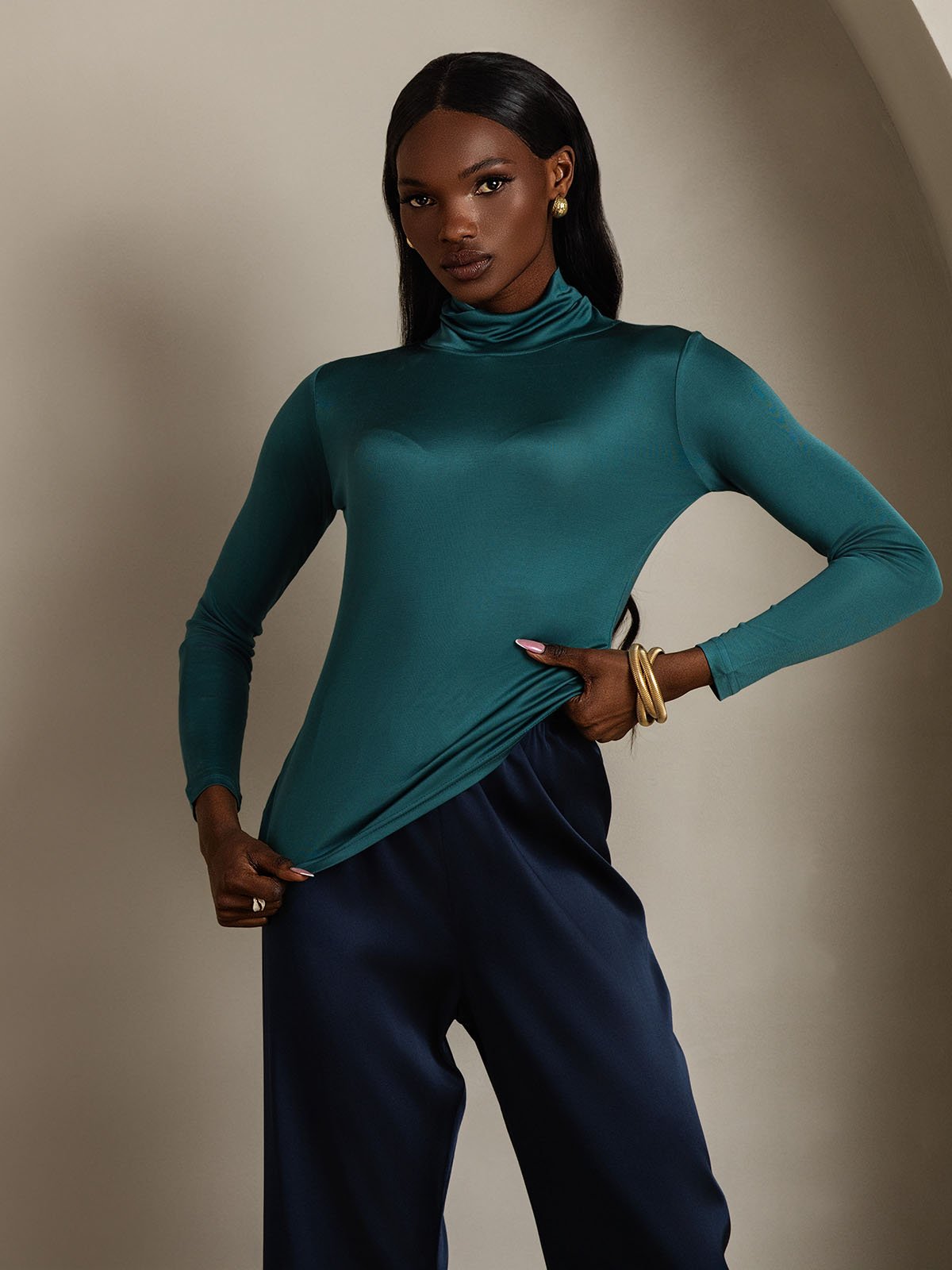Silk Blend High Neck Long-Sleeved T-Shirt