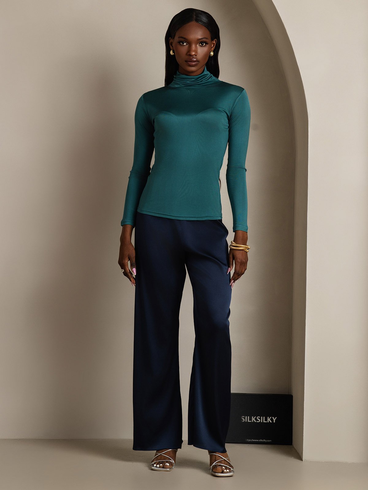 Silk Blend High Neck Long-Sleeved T-Shirt