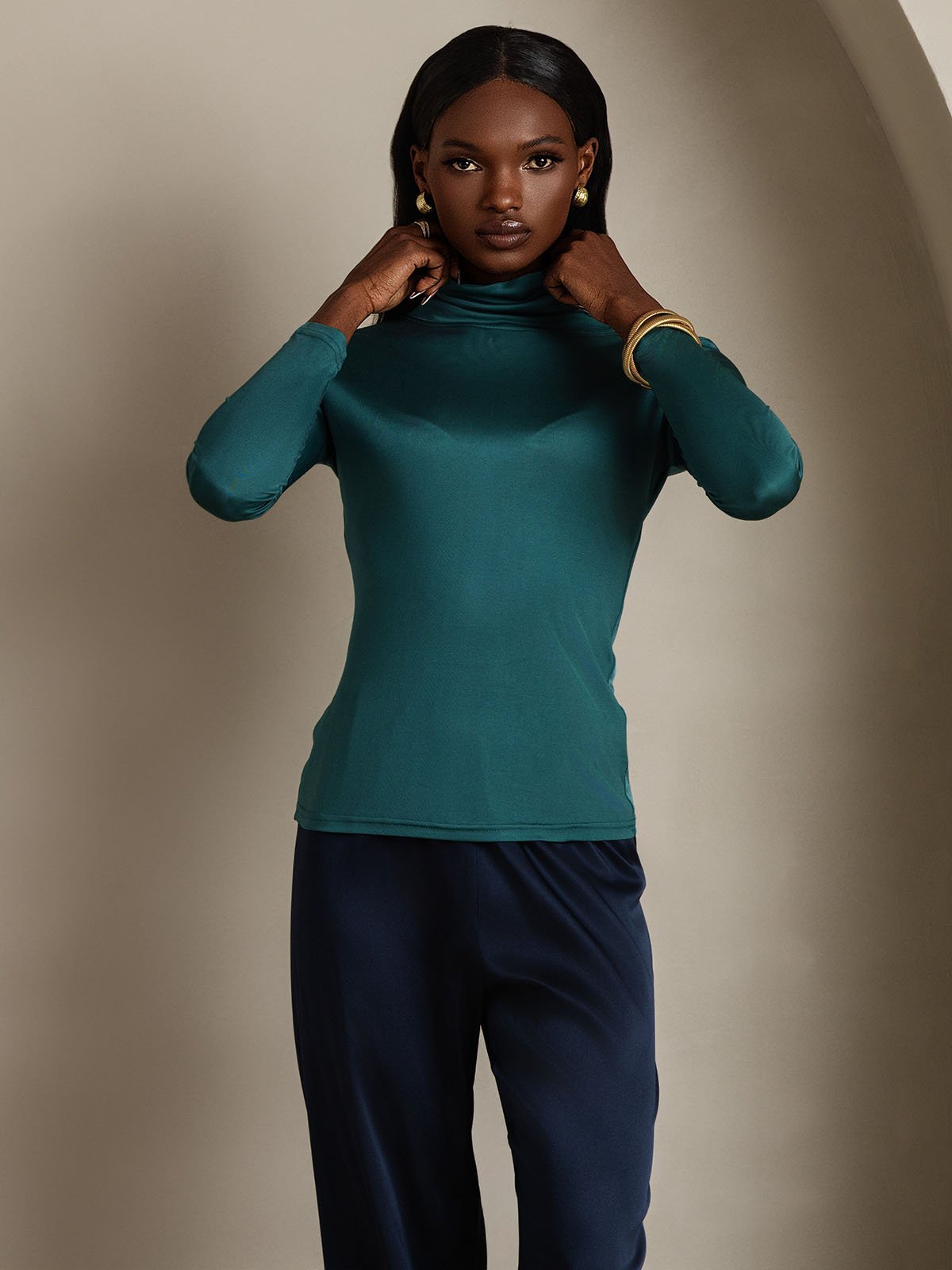 Silk Blend High Neck Long-Sleeved T-Shirt