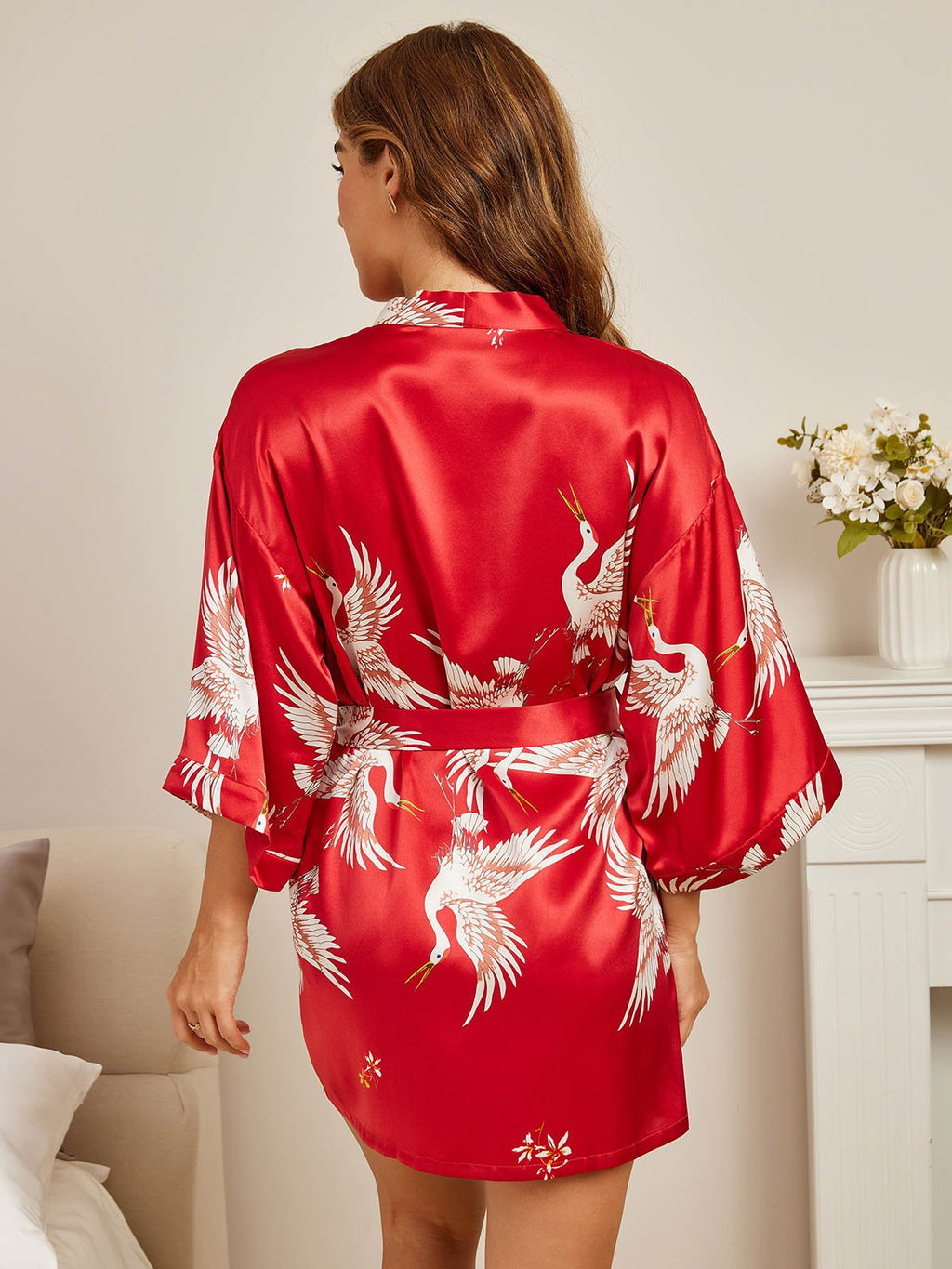19Momme Pure Silk Printed 3/4 Sleeve Women's Short Kimono Robe