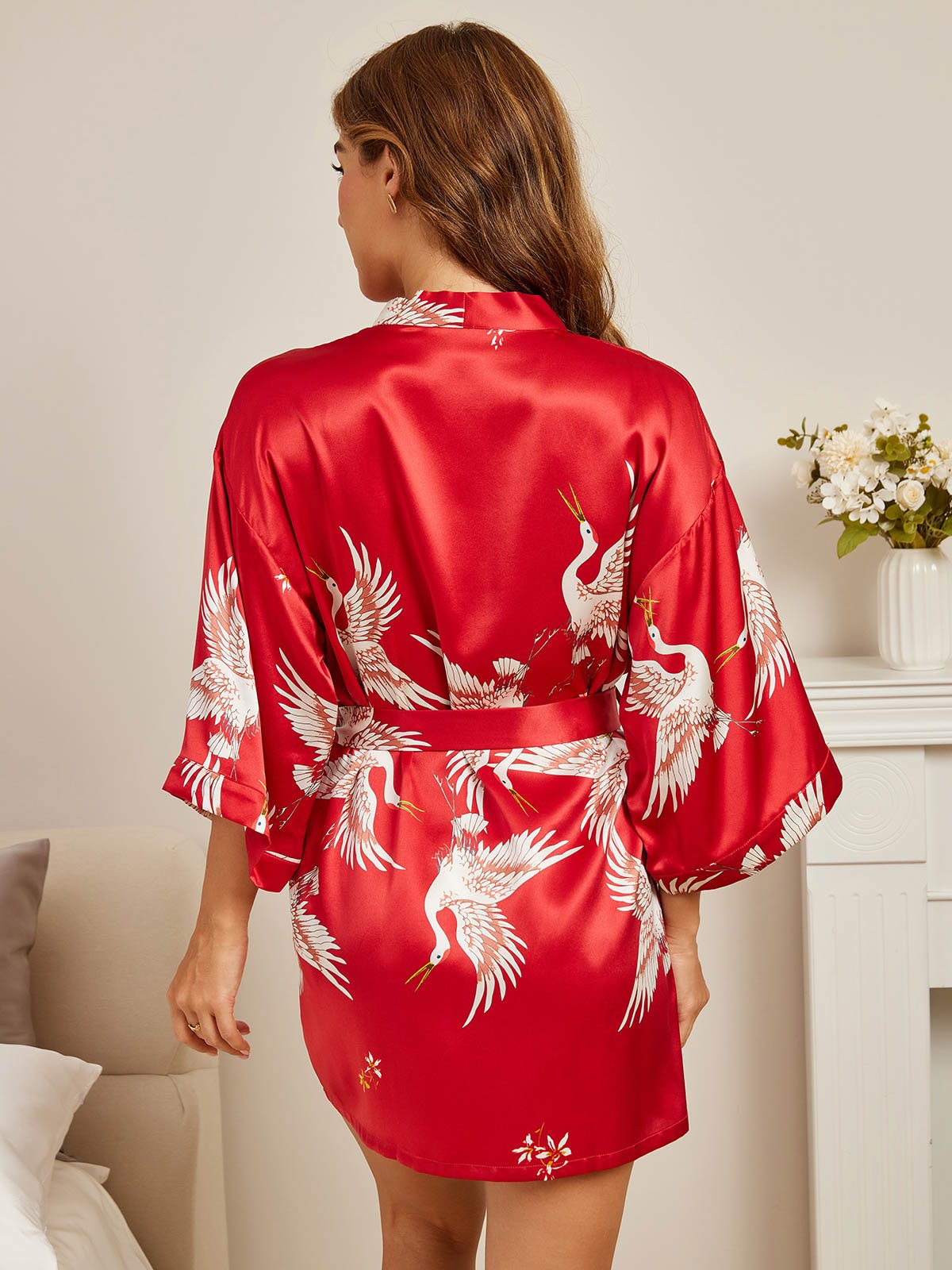 19Momme Pure Silk Printed 3/4 Sleeve Women's Short Kimono Robe