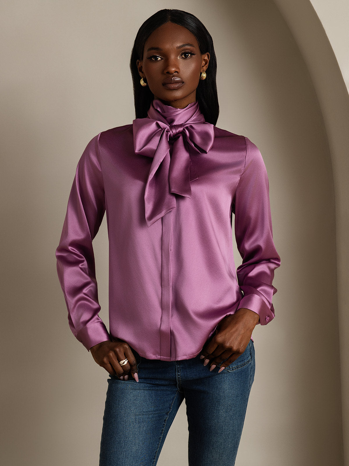 19Momme Silk Long Sleeve High Neck Bow Tie Blouse