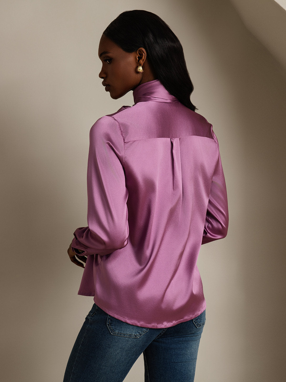 19Momme Silk Long Sleeve High Neck Bow Tie Blouse