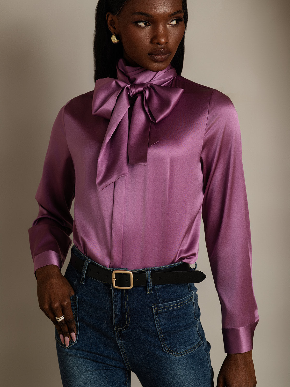 19Momme Silk Long Sleeve High Neck Bow Tie Blouse