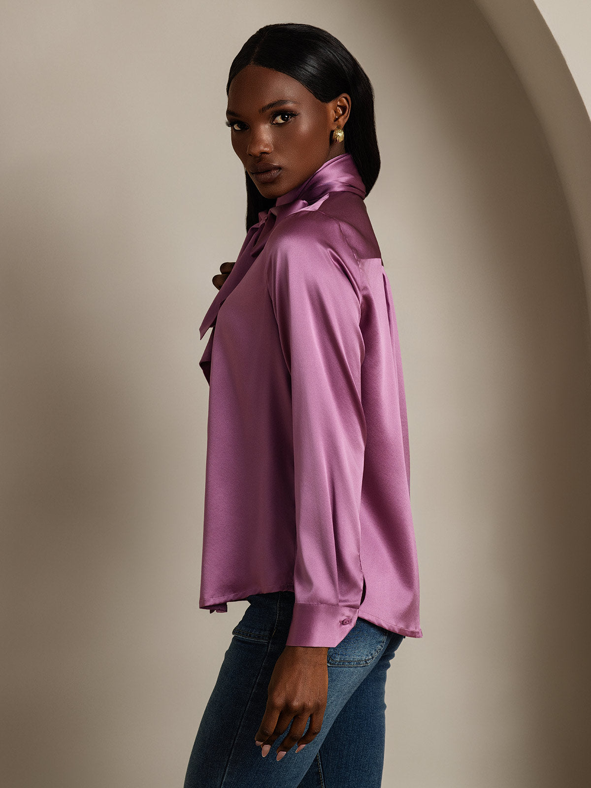 19Momme Silk Long Sleeve High Neck Bow Tie Blouse