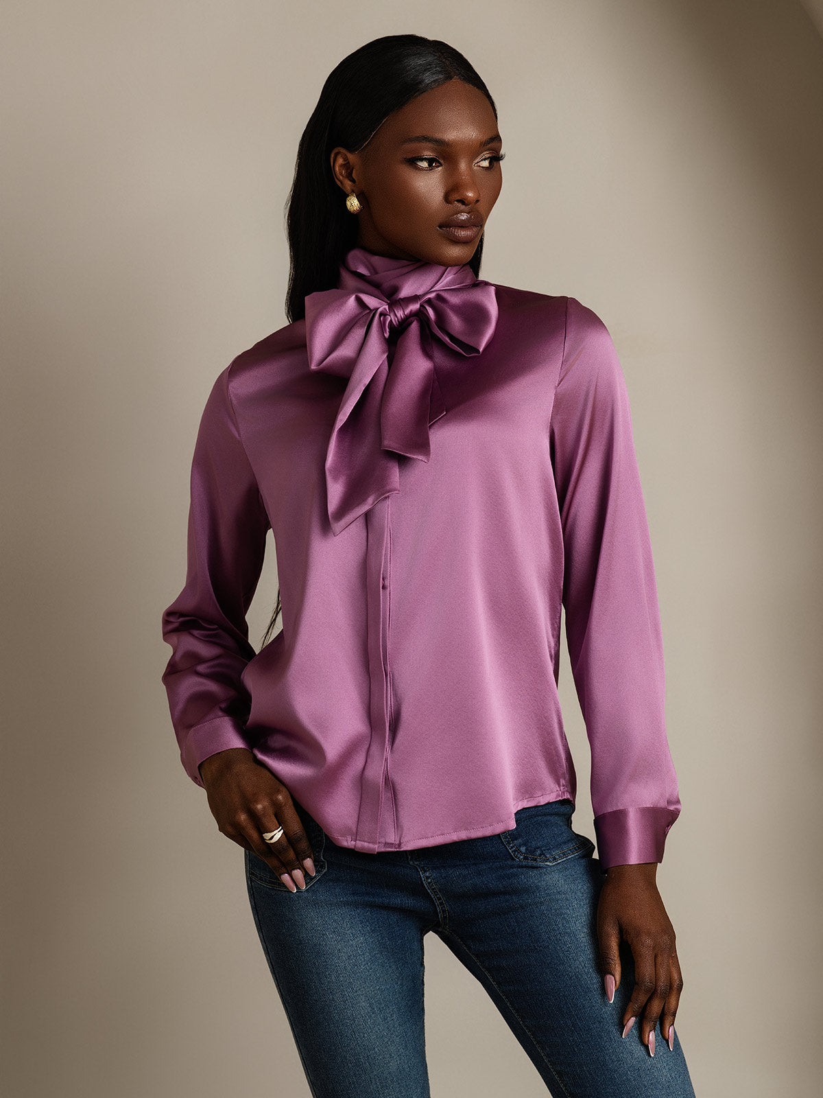 19Momme Silk Long Sleeve High Neck Bow Tie Blouse