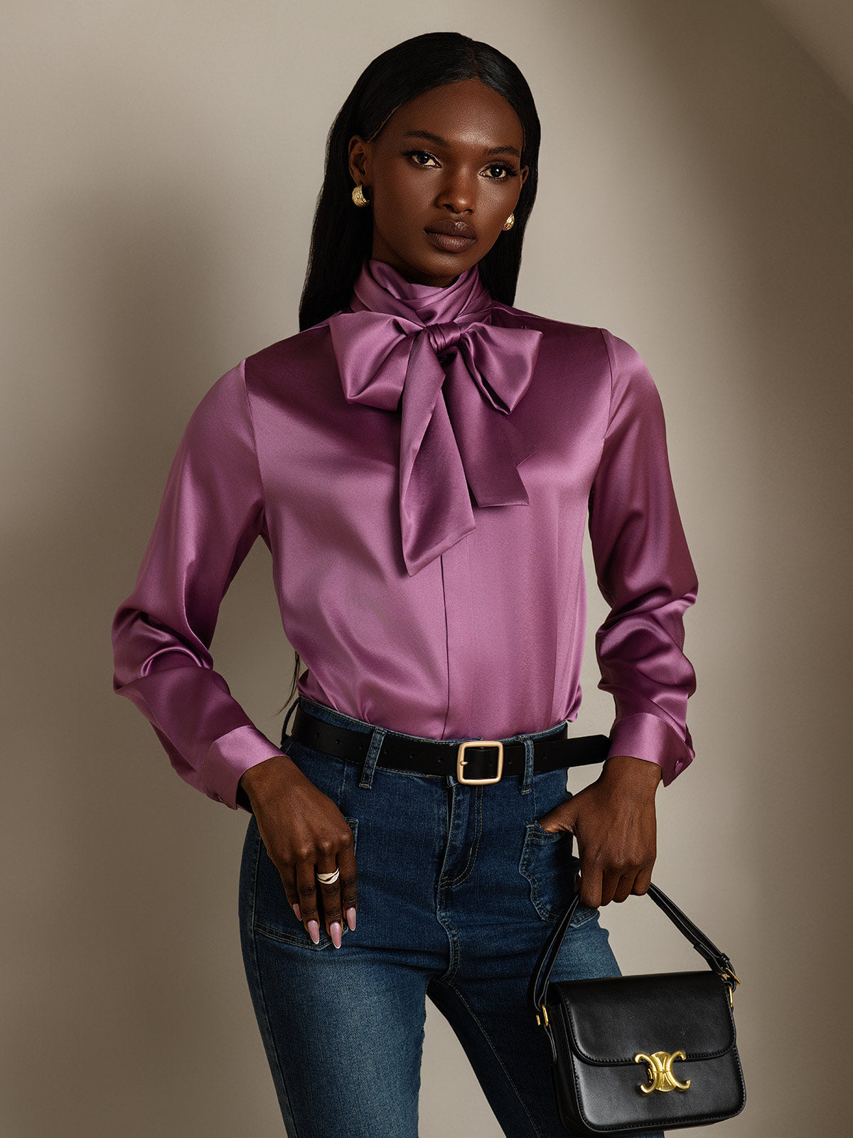 19Momme Silk Long Sleeve High Neck Bow Tie Blouse