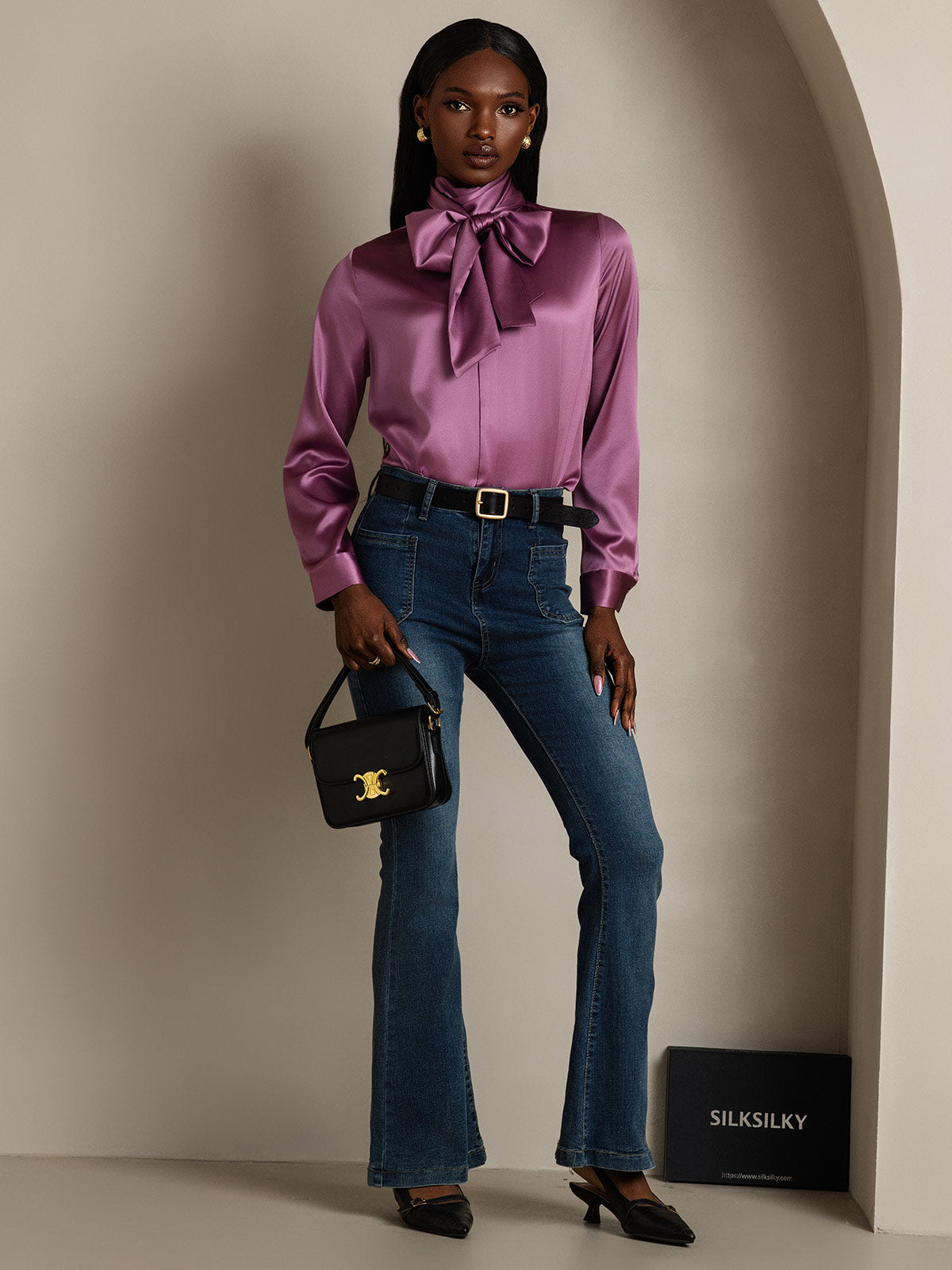 19Momme Silk Long Sleeve High Neck Bow Tie Blouse