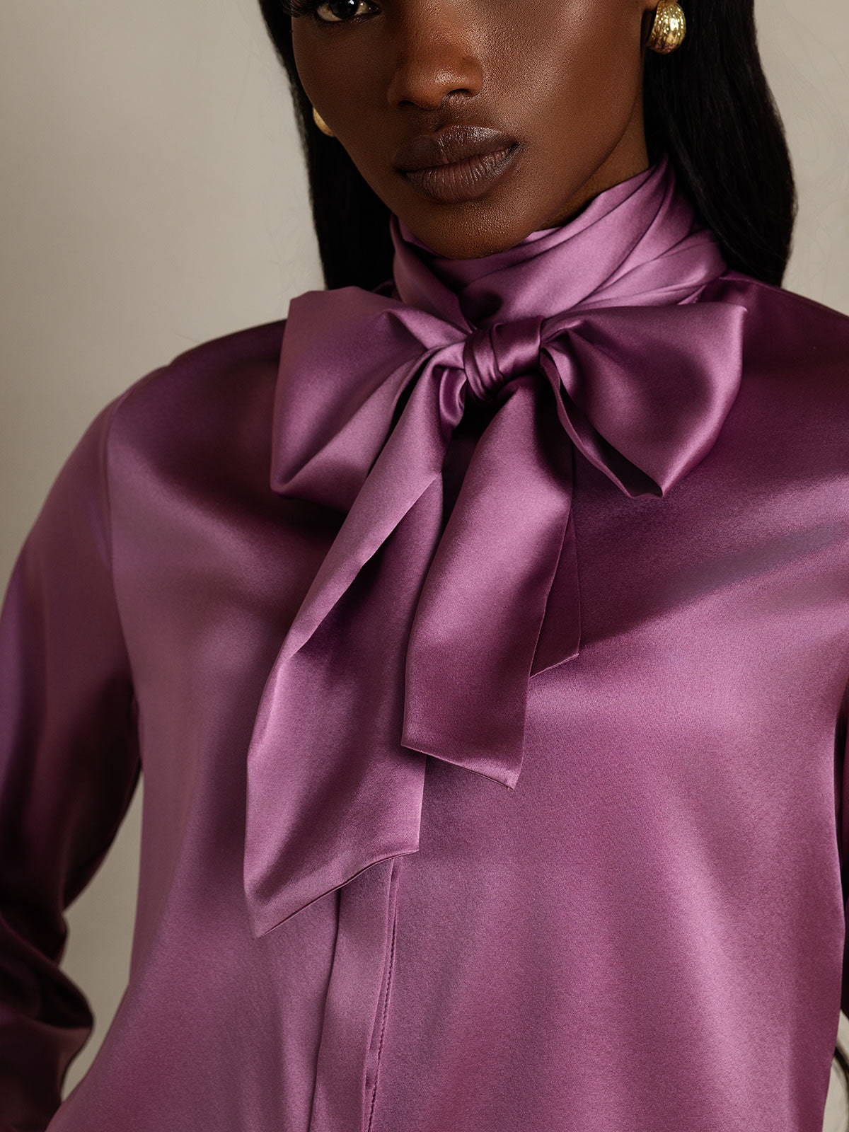 19Momme Silk Long Sleeve High Neck Bow Tie Blouse