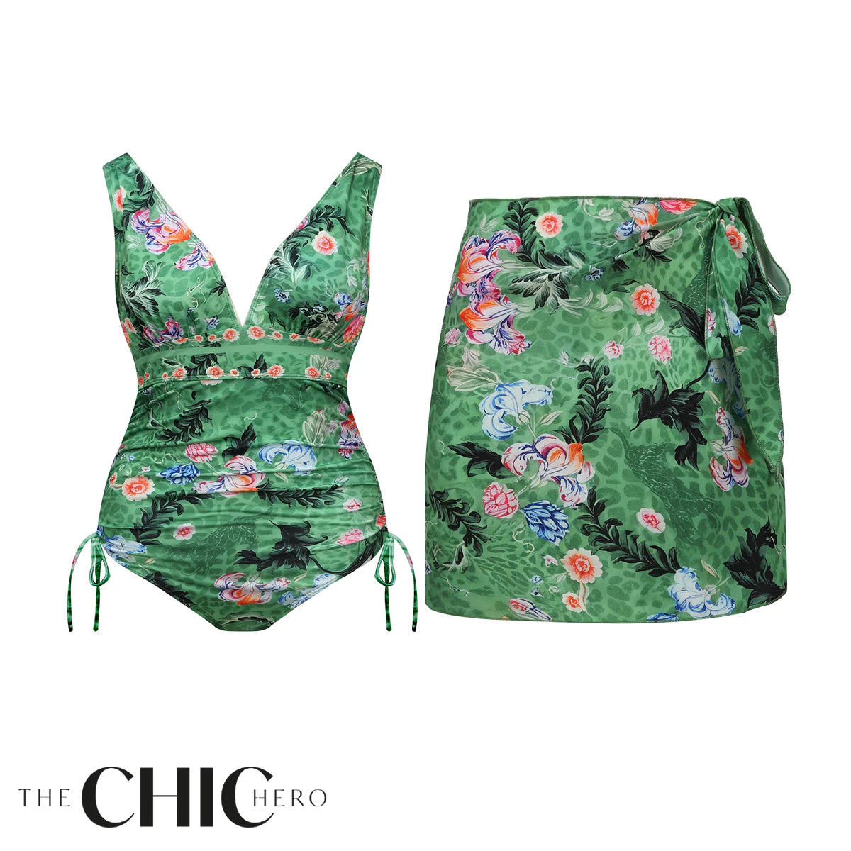 Green Tropical Florals One-Piece Swimsuit&Skirt