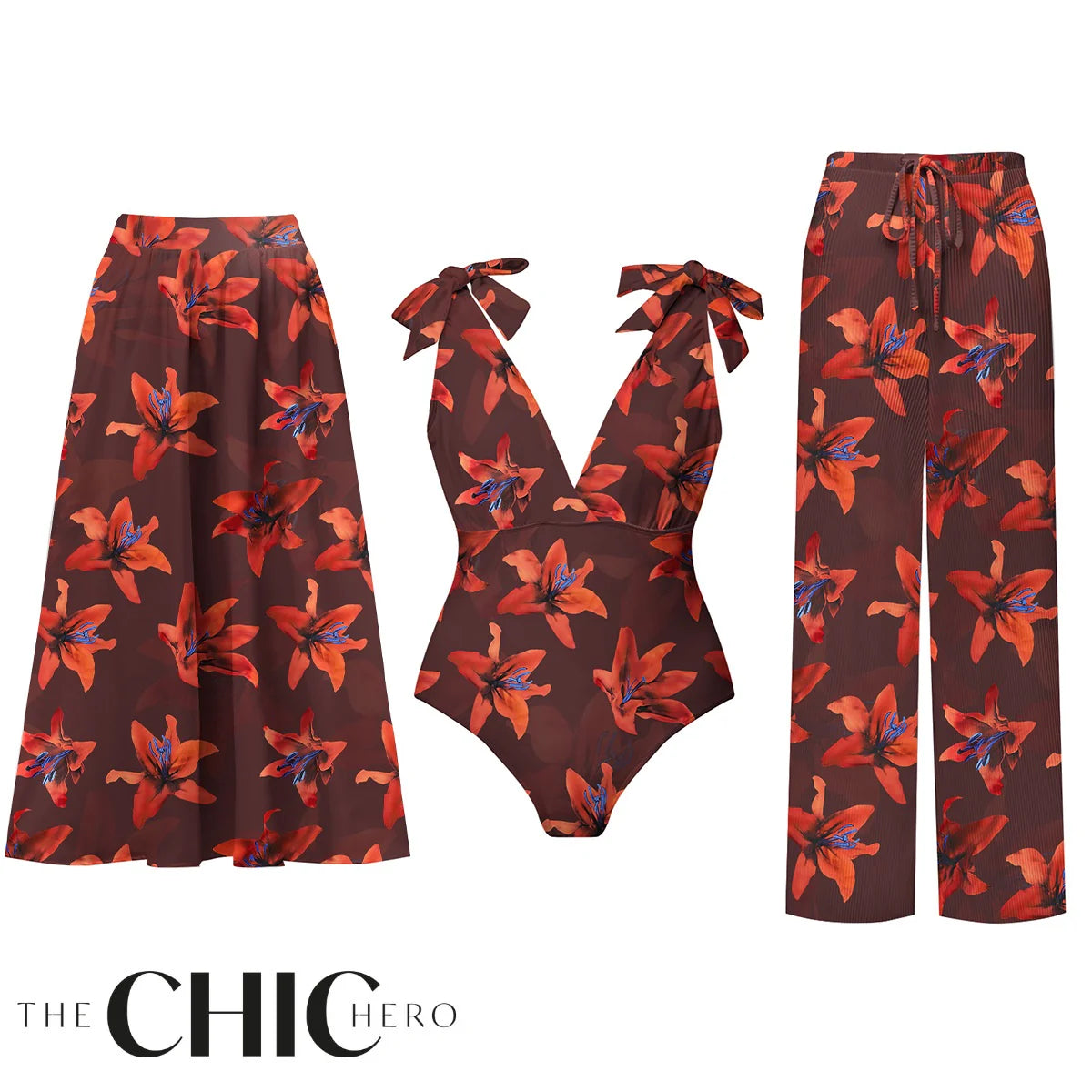 Red Lily Floral Patterns One-Piece Swimsuit&Skirt&Pant