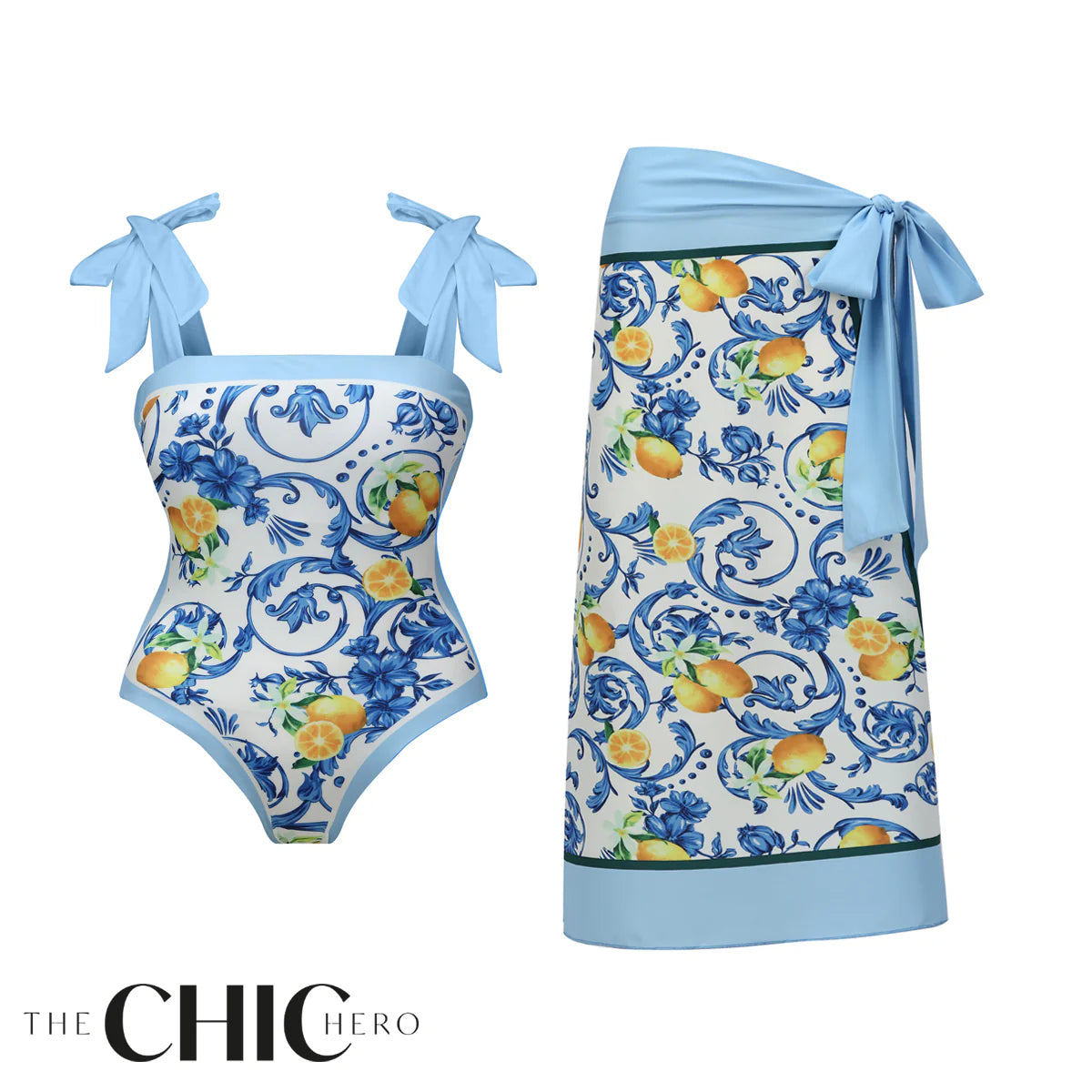 Blue Retro Lemon Florals One-Piece Swimsuit&Skirt