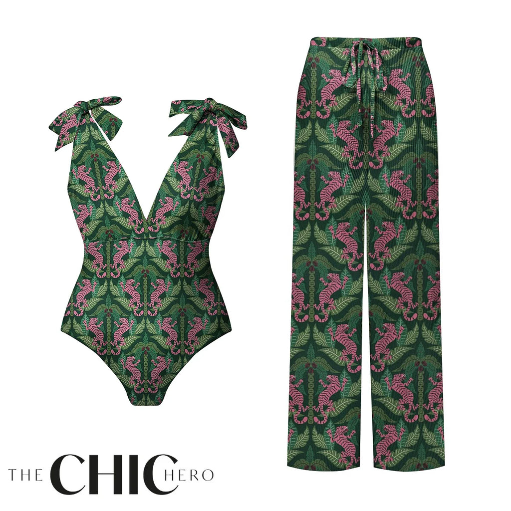 Dark Green Jungle Tiger Leaf Print One-Piece Swimsuit&Pants