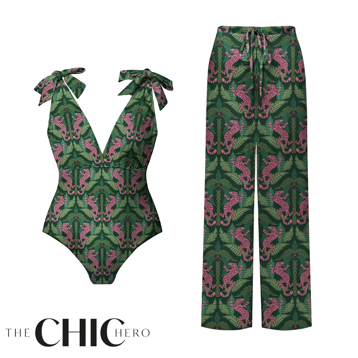 Dark Green Jungle Tiger Leaf Print One-Piece Swimsuit&Pants