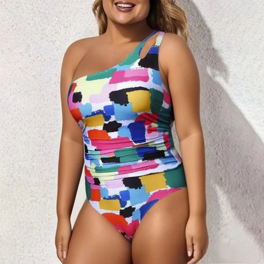 Multicolor Puzzle One Shoulder One-Piece Tummy Control Swimsuit