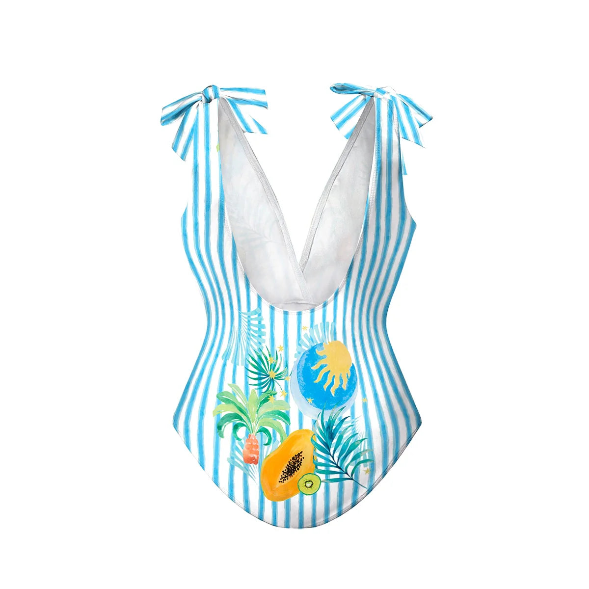 Striped Tropical Papaya Print Boho Island Style One-Piece Swimsuit&Pants
