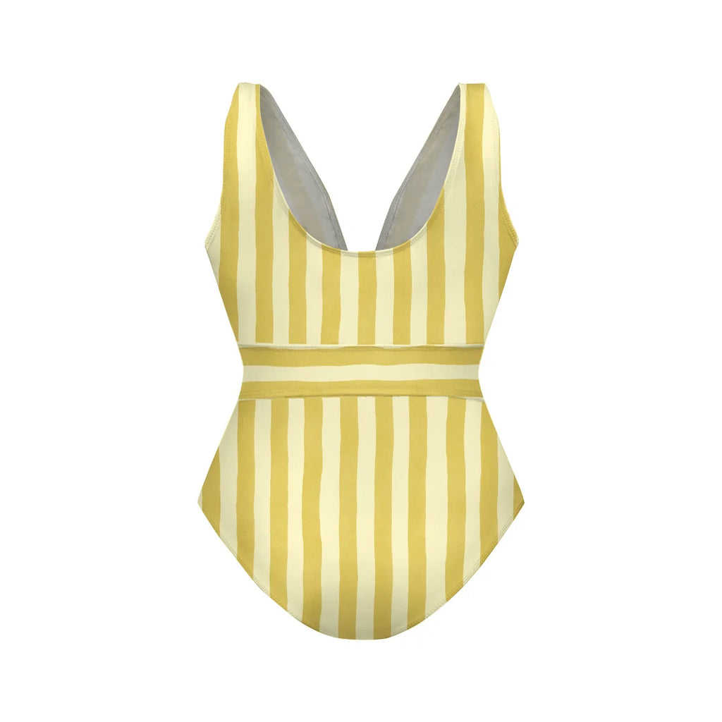 V Neck Retro Yellow Stripe Citrus Lemonade Print Swimsuit&Skirt&Pants
