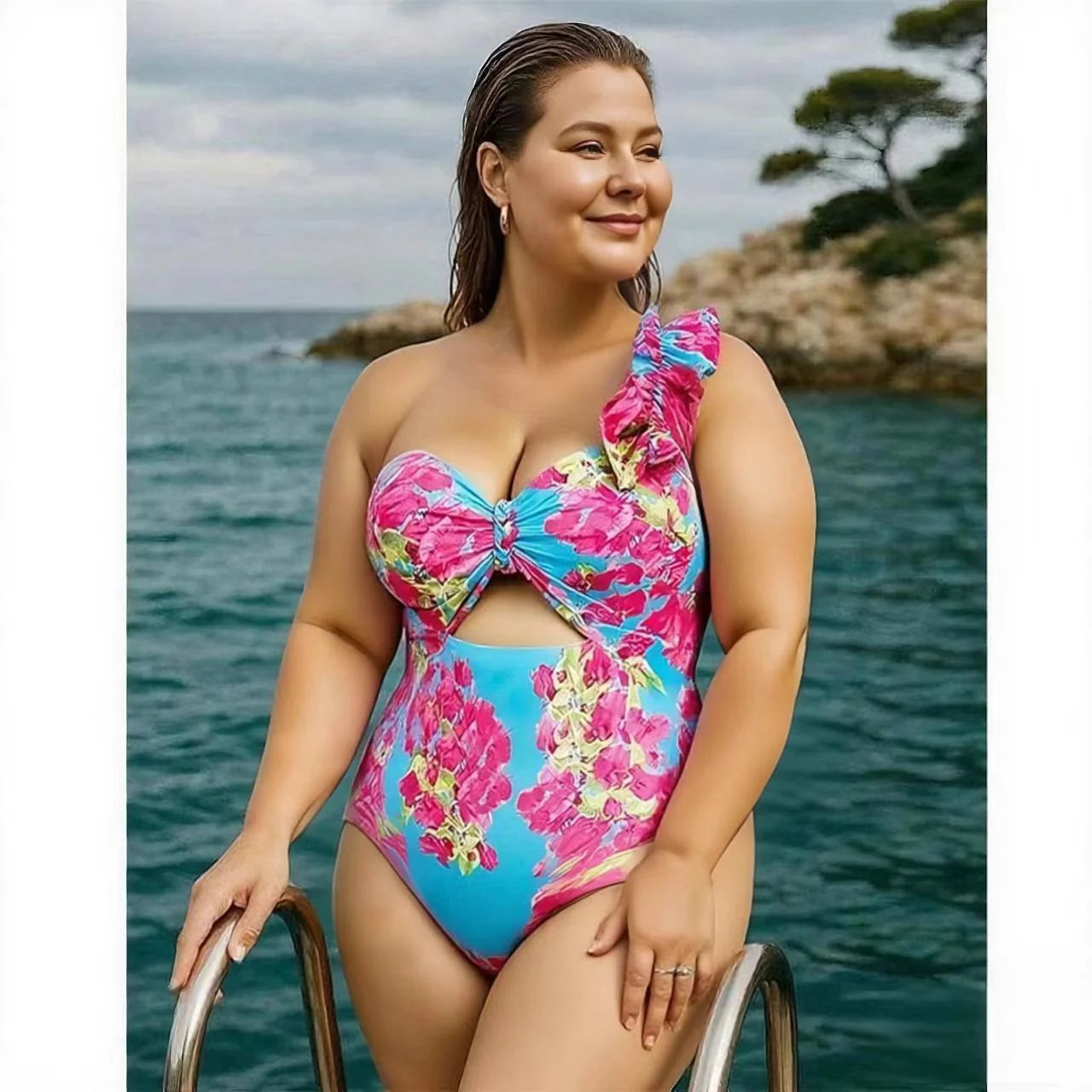 Ruffle Removable Shoulder Strap Pink Flower One Piece Swimsuit & Skirt