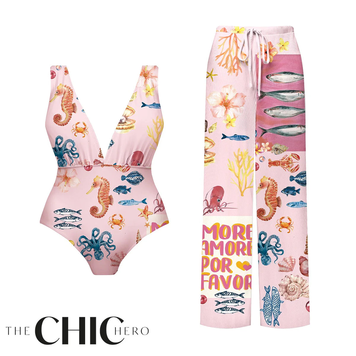 Ocean Love Pink Sea Life One-Piece Swimsuit&Pants