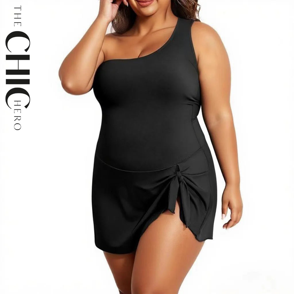 Black One Shoulder One-Piece Tummy Control Swimsuit with Skirt