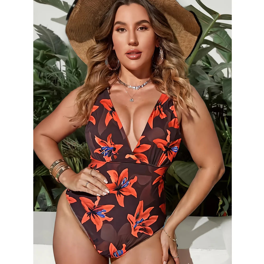 Red Lily Floral Patterns One-Piece Swimsuit&Pants