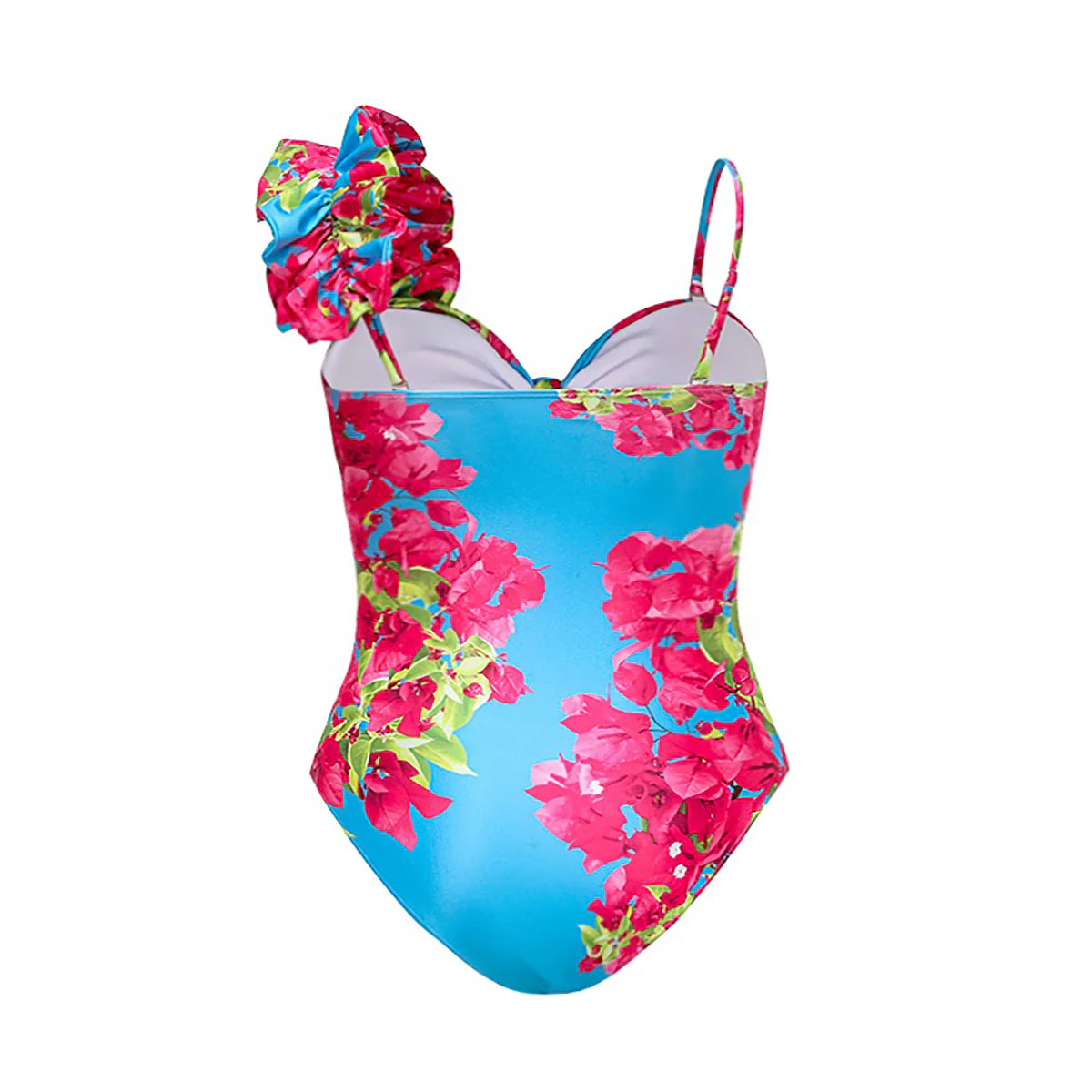 Ruffle Removable Shoulder Strap Pink Flower One Piece Swimsuit & Skirt