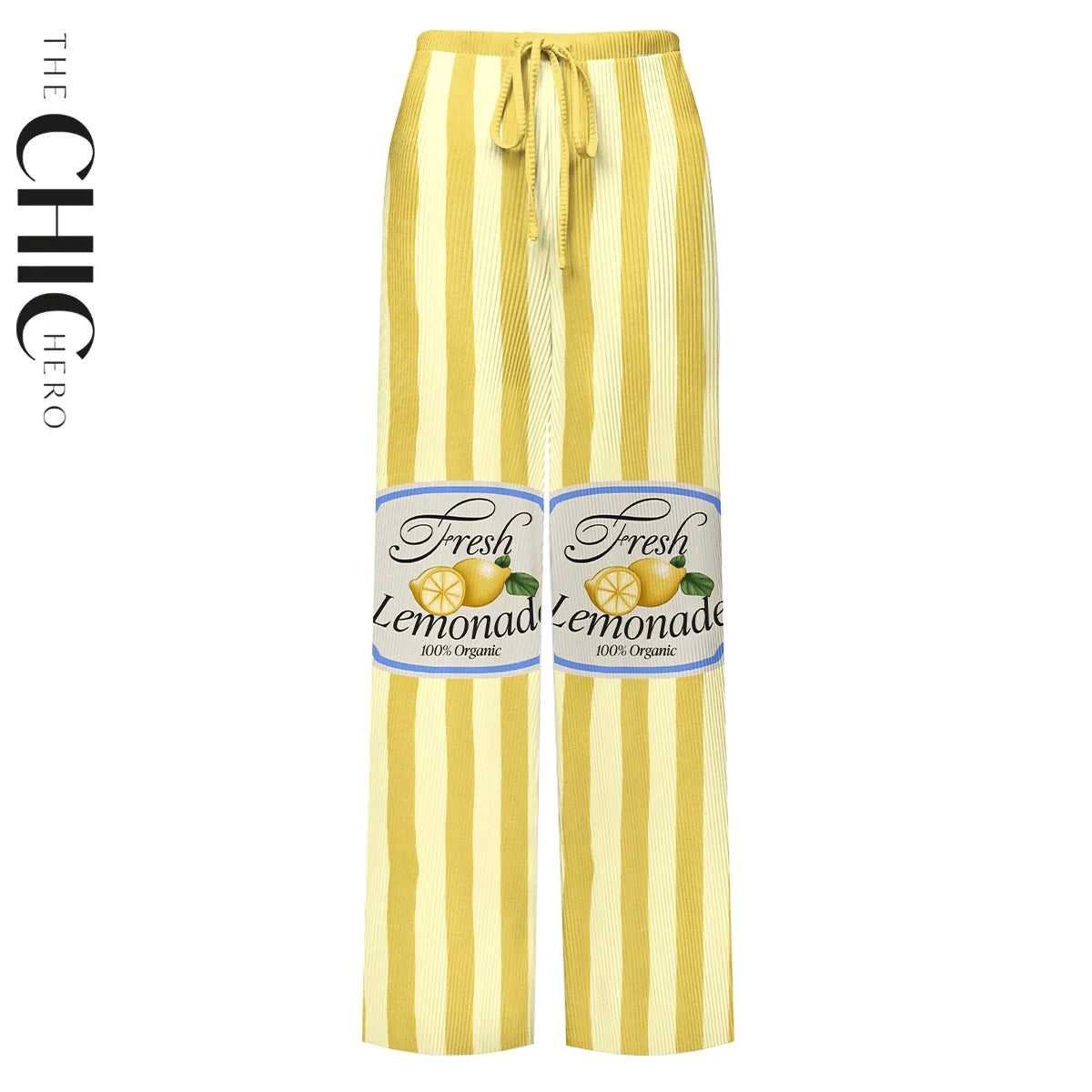V Neck Retro Yellow Stripe Citrus Lemonade Print Swimsuit&Skirt&Pants