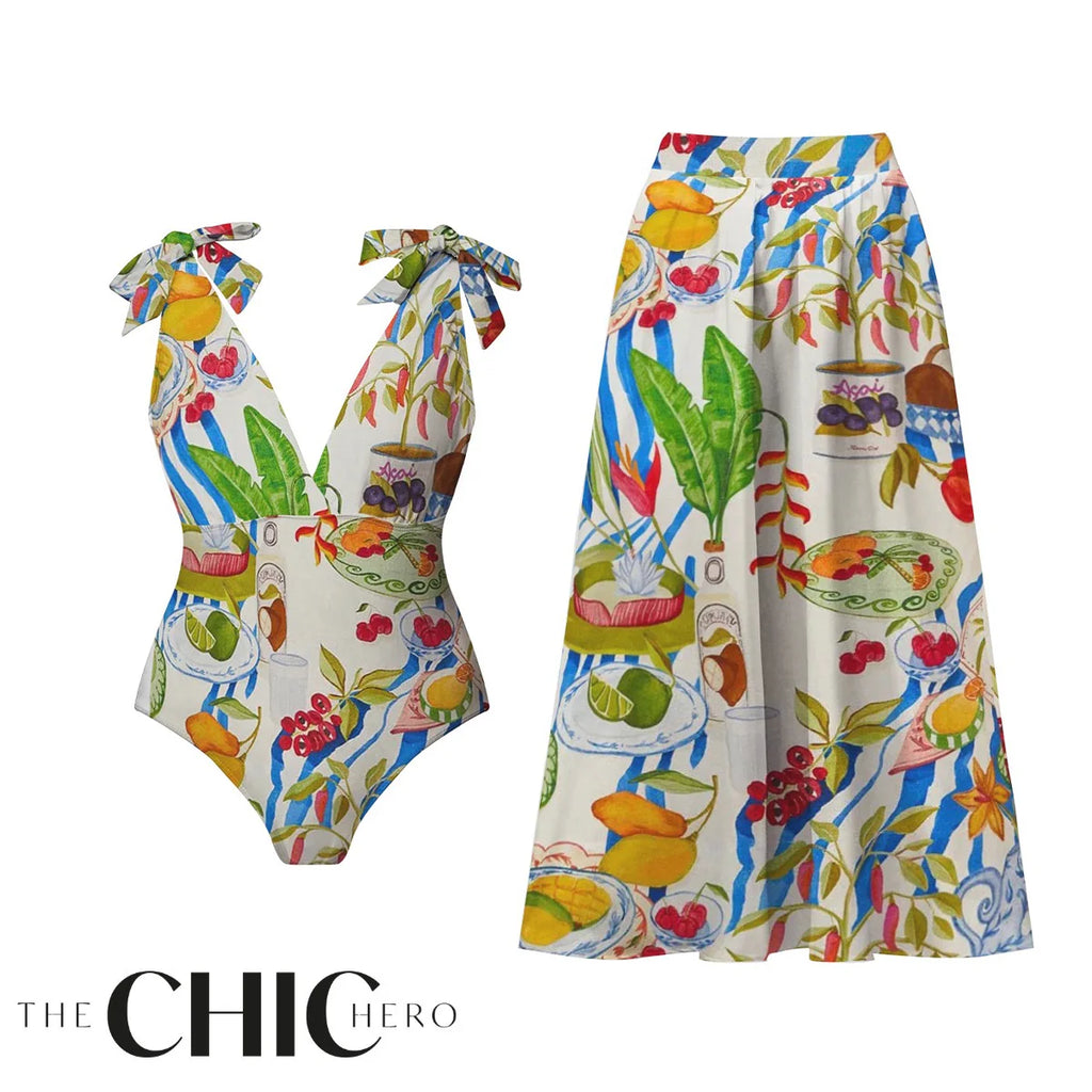 Fruit Food Patterned Colorful Tropical Feast Print One-Piece Swimsuit&Skirt