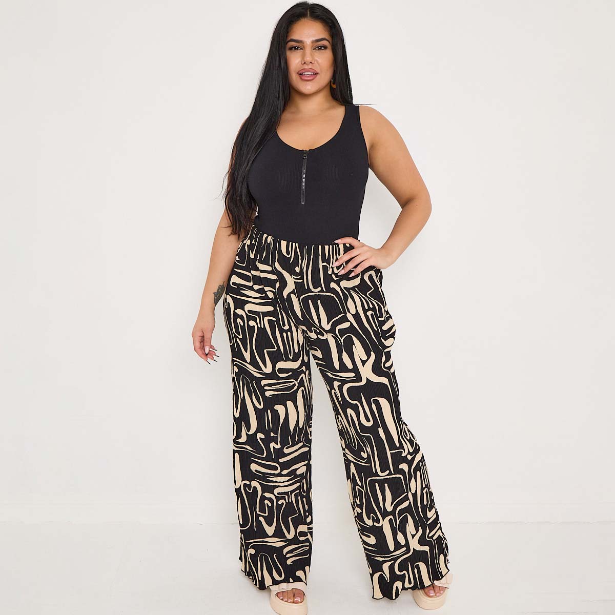 Black & Beige Statement Abstract Print Wide-Leg Drawstring Palazzo Pleated Pants