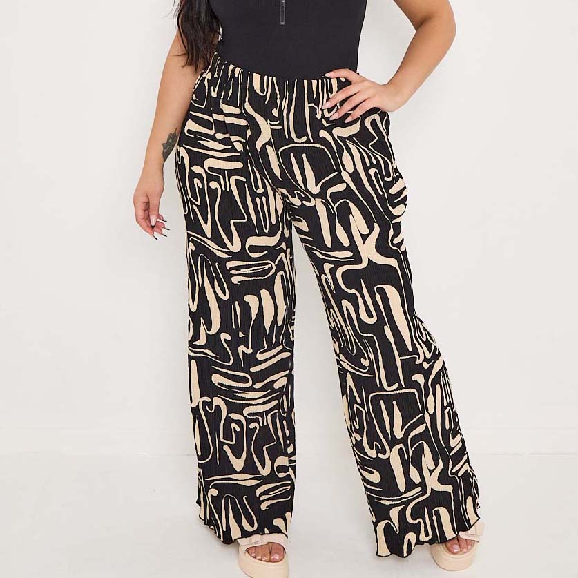 Black & Beige Statement Abstract Print Wide-Leg Drawstring Palazzo Pleated Pants